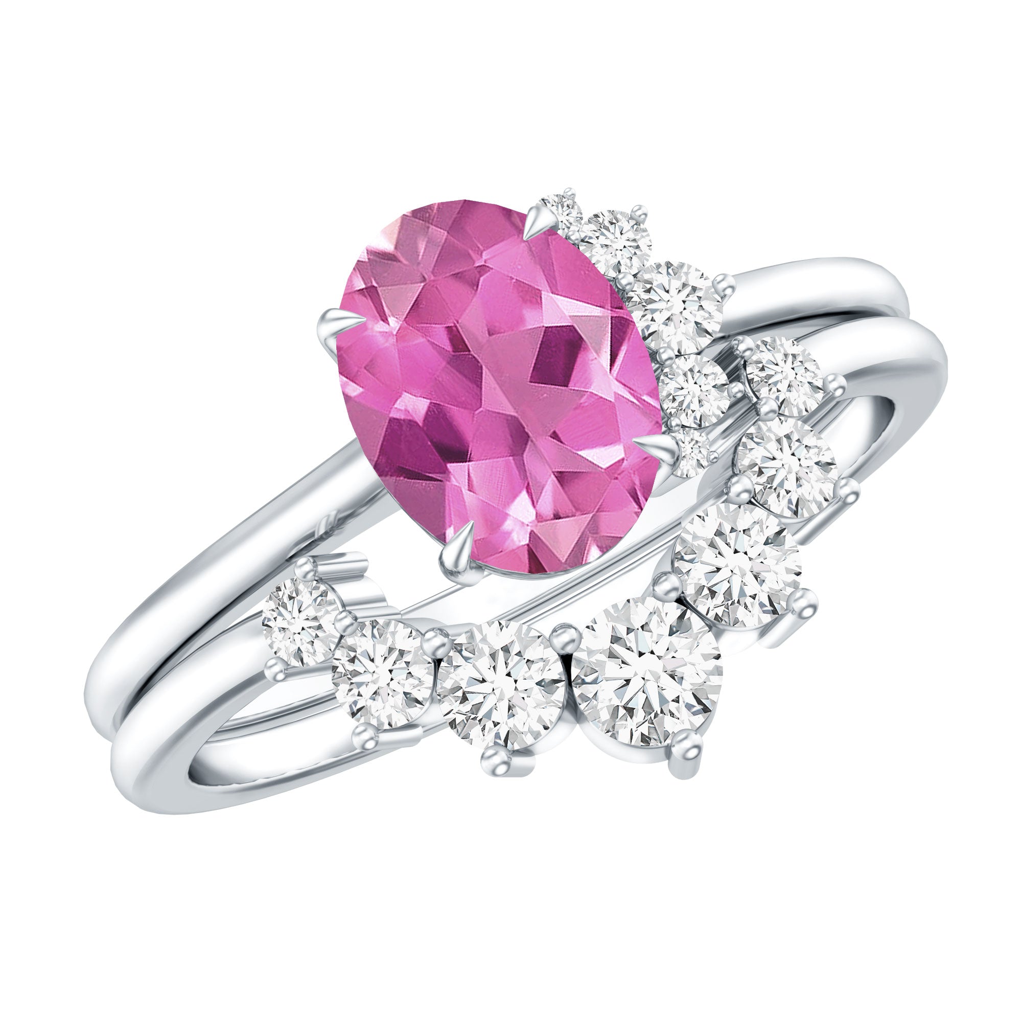 1 Carat Oval Pink Tourmaline and Diamond Wedding Ring Set AAA - Rosec Jewels