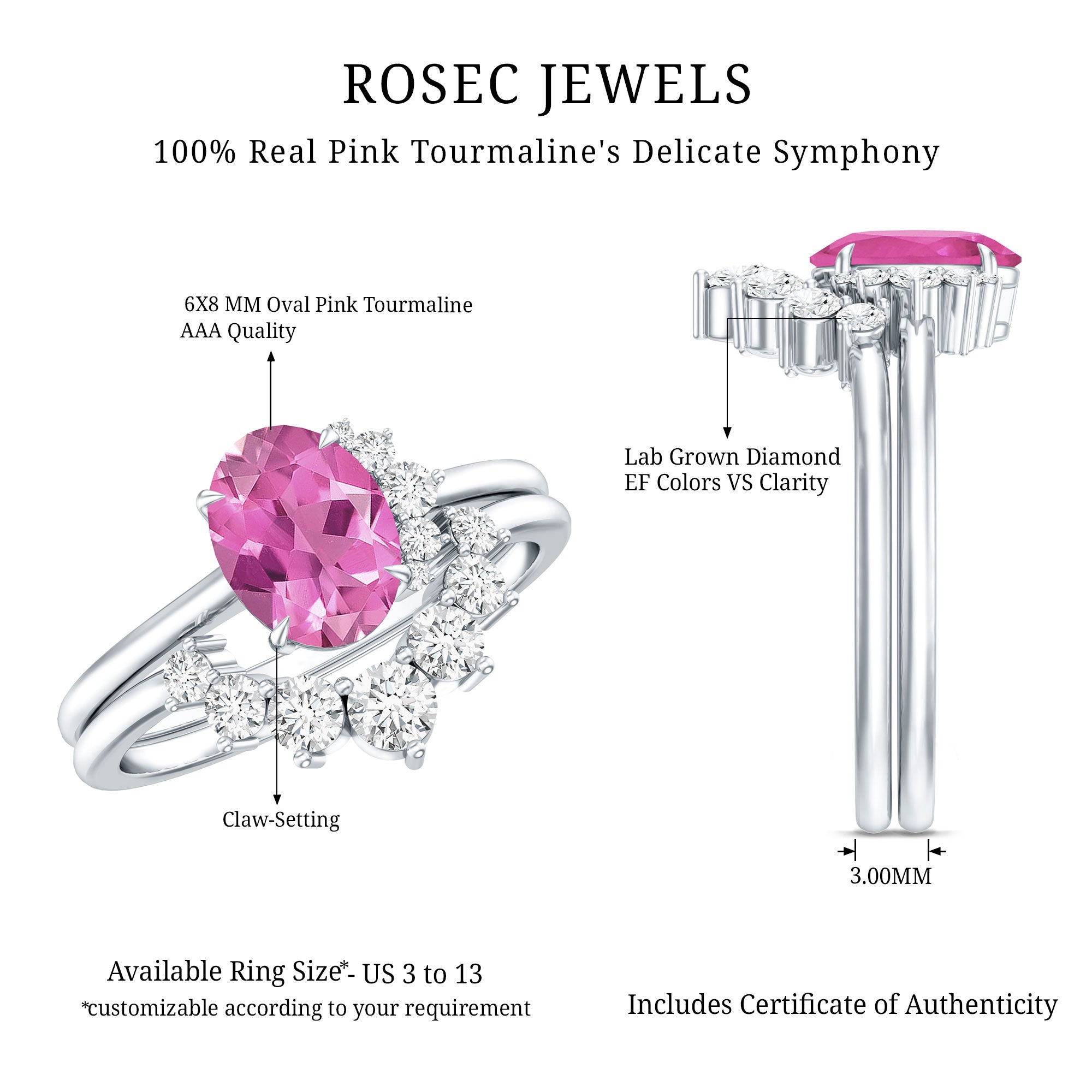 1 Carat Oval Pink Tourmaline and Diamond Wedding Ring Set AAA - Rosec Jewels