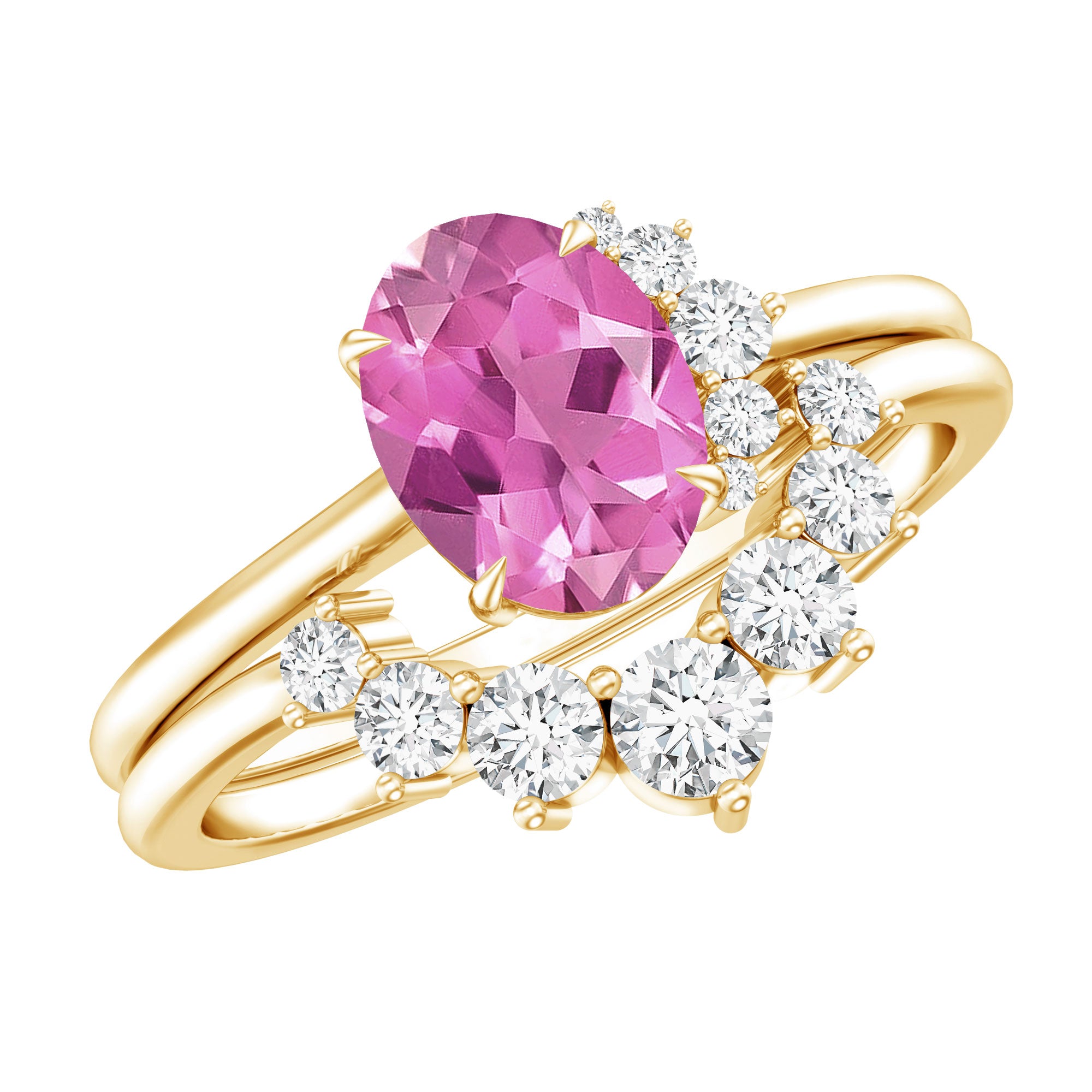 1 Carat Oval Pink Tourmaline and Diamond Wedding Ring Set AAA - Rosec Jewels