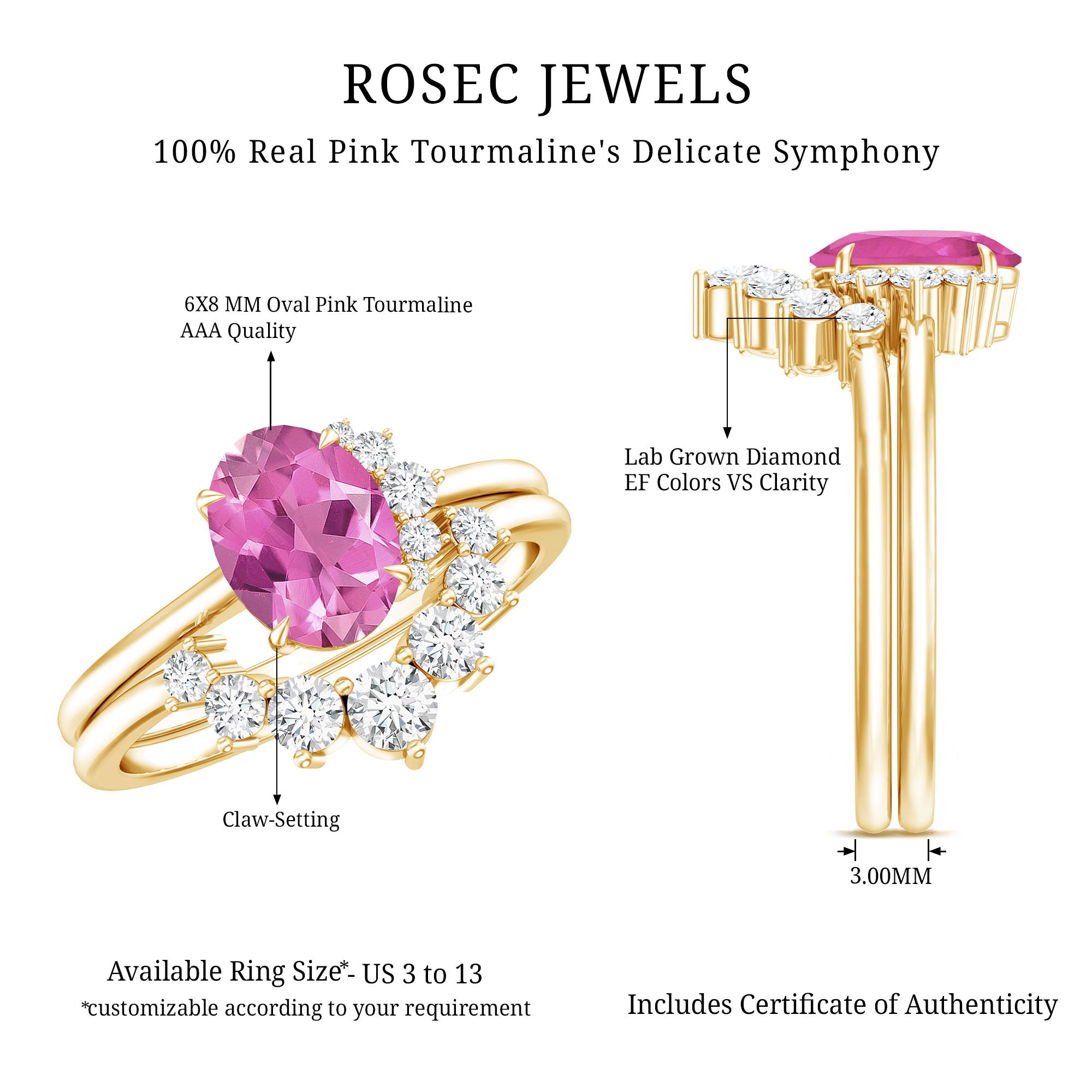 1 Carat Oval Pink Tourmaline and Diamond Wedding Ring Set AAA - Rosec Jewels