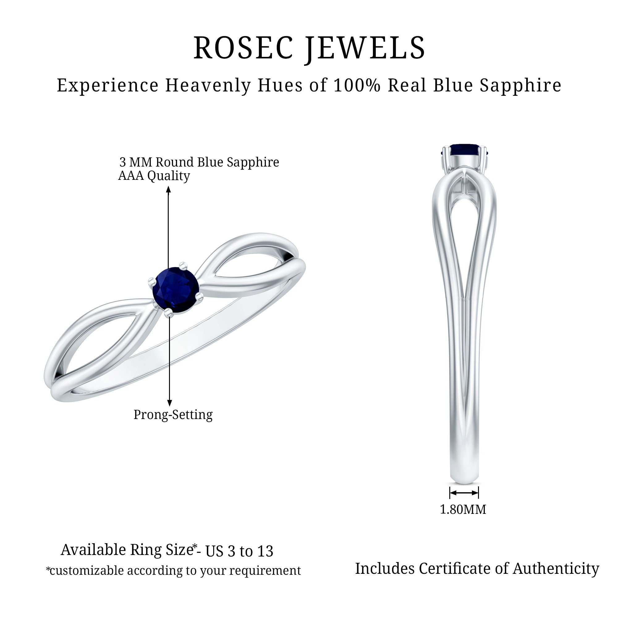 Natural Blue Sapphire Cute Promise Ring with Split Shank AAA - Rosec Jewels