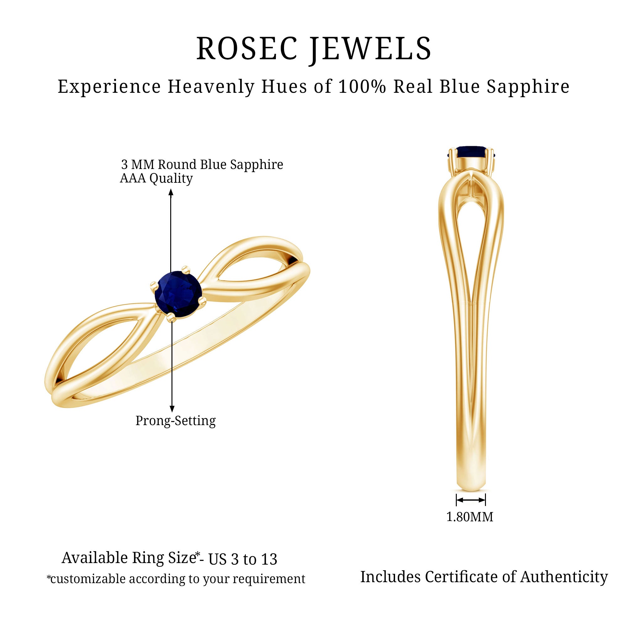 Natural Blue Sapphire Cute Promise Ring with Split Shank AAA - Rosec Jewels