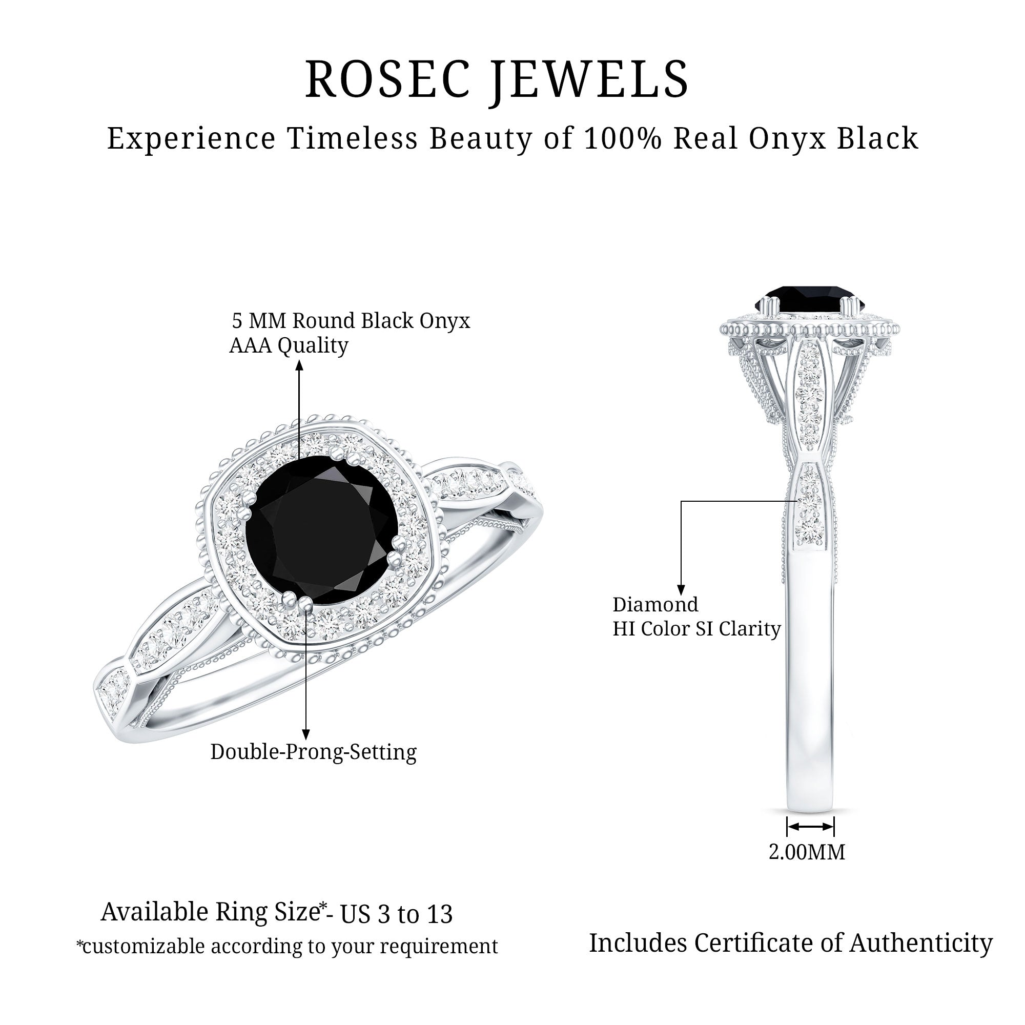 0.4 Carat Round Shape Black Onyx Vintage Engagement Ring with Diamond Halo AAA - Rosec Jewels