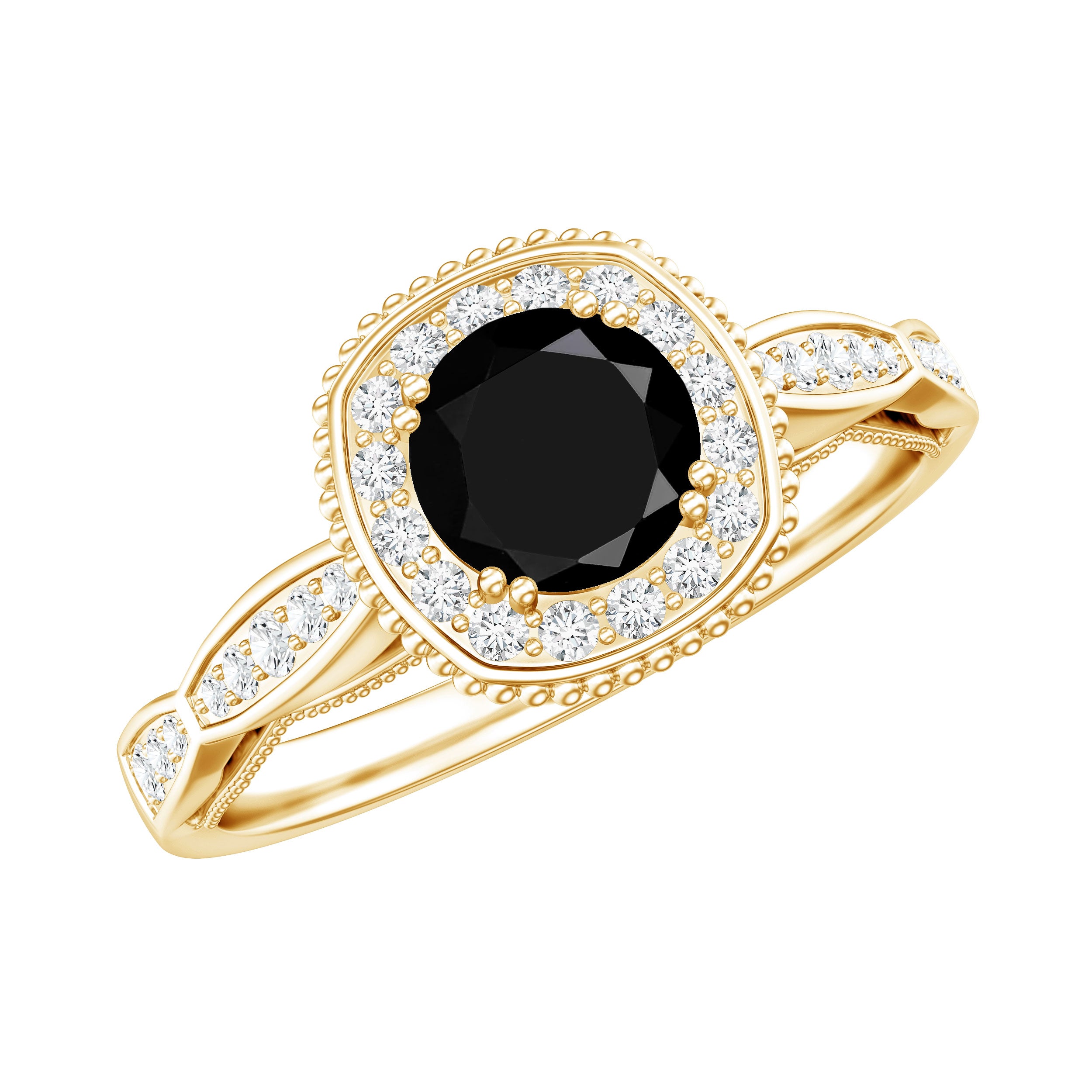 0.4 Carat Round Shape Black Onyx Vintage Engagement Ring with Diamond Halo AAA - Rosec Jewels