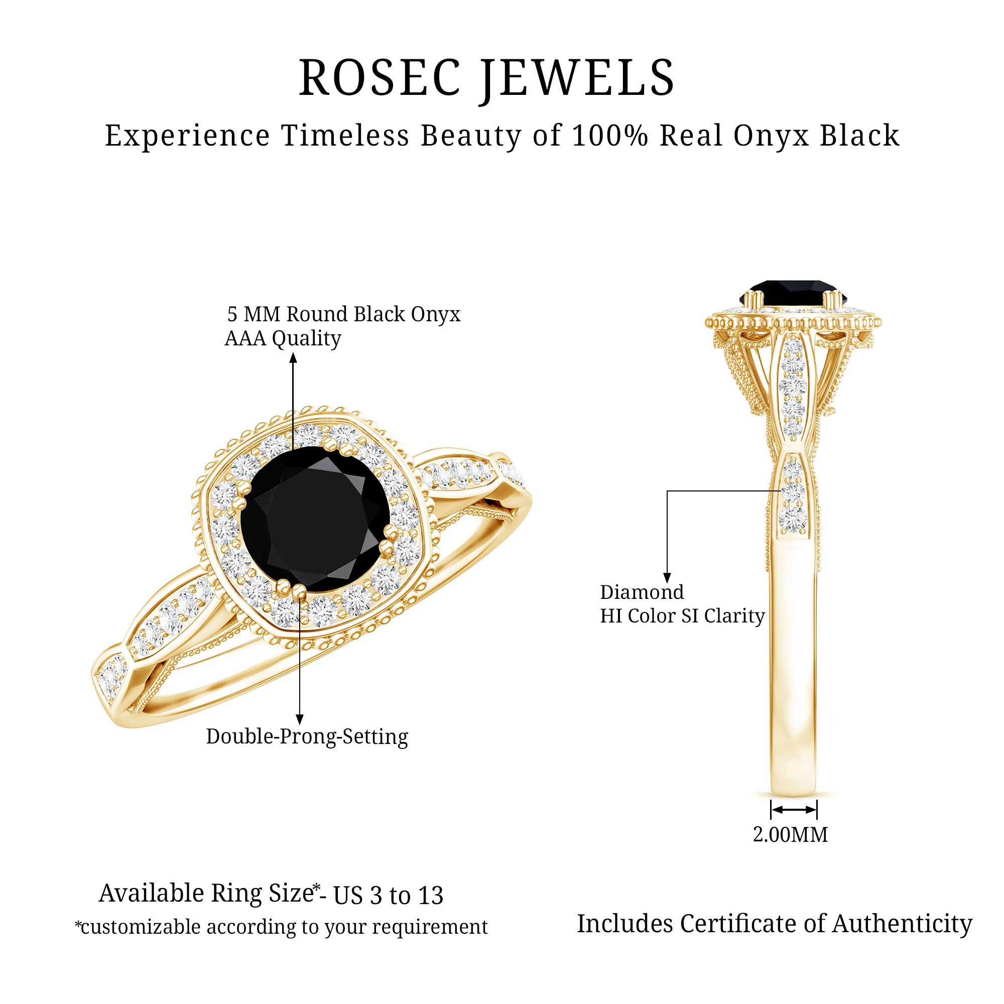 0.4 Carat Round Shape Black Onyx Vintage Engagement Ring with Diamond Halo AAA - Rosec Jewels