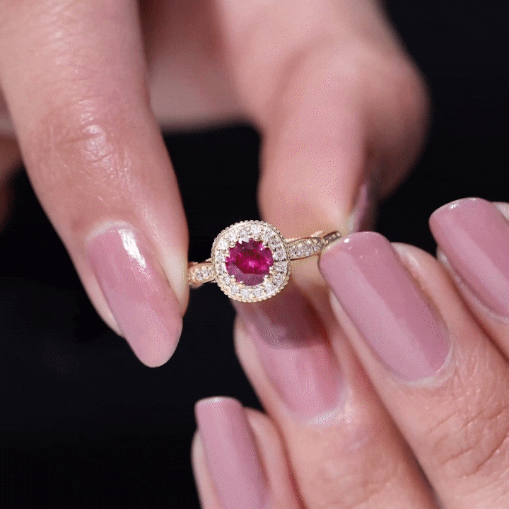 Vintage Inspired Round Created Ruby Engagement Ring with Diamond Halo AAAA - Rosec Jewels