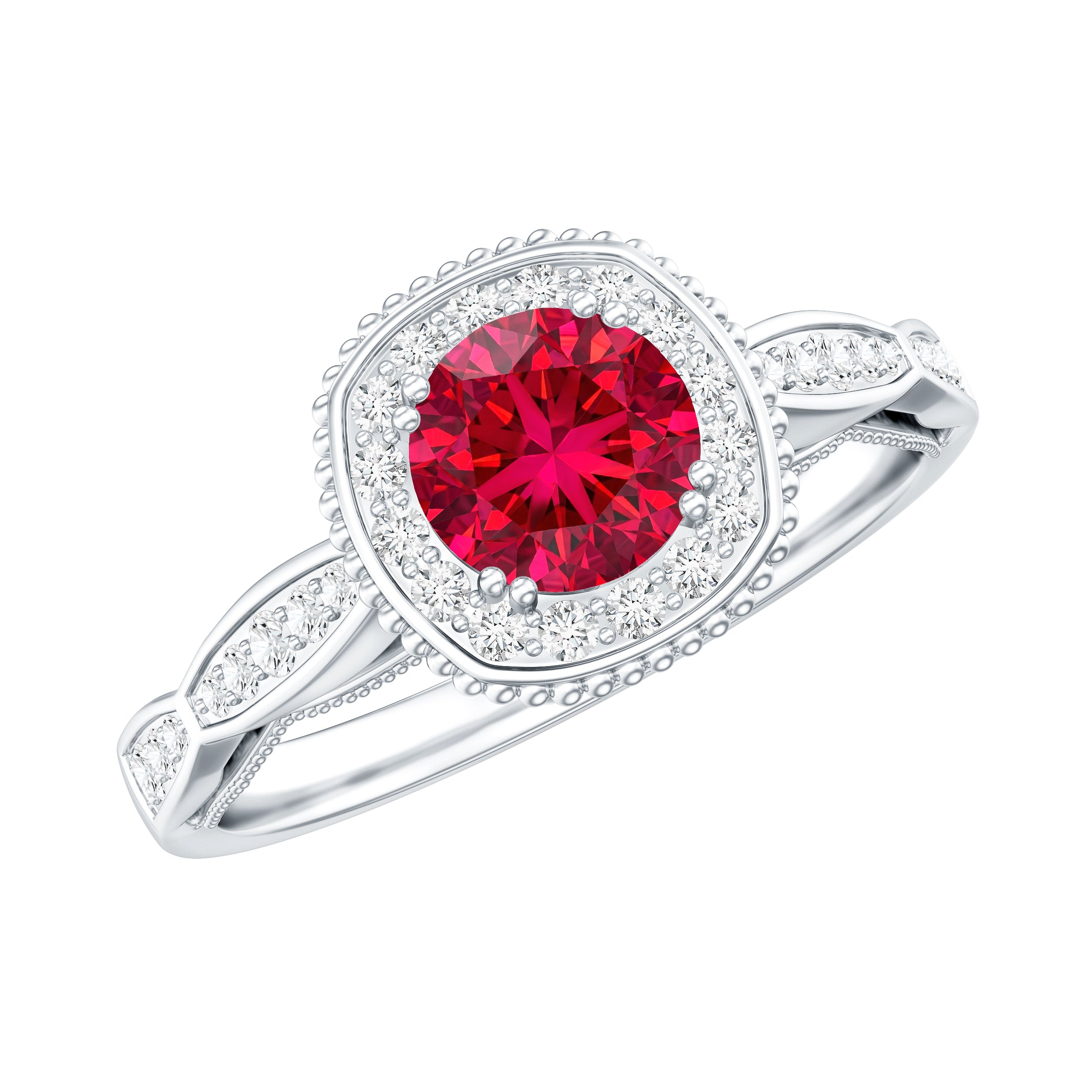 Vintage Inspired Round Created Ruby Engagement Ring with Diamond Halo AAAA - Rosec Jewels