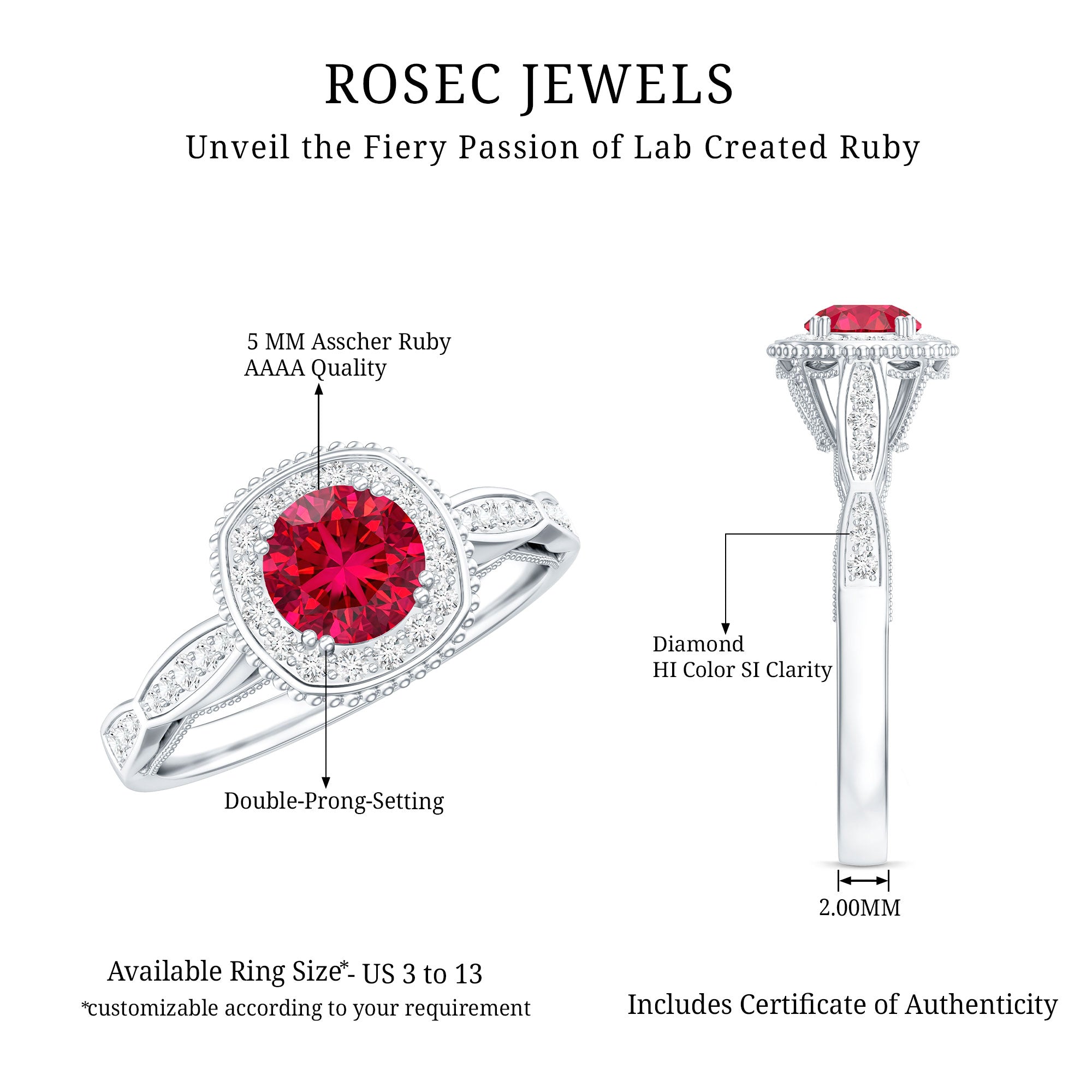 Vintage Inspired Round Created Ruby Engagement Ring with Diamond Halo AAAA - Rosec Jewels