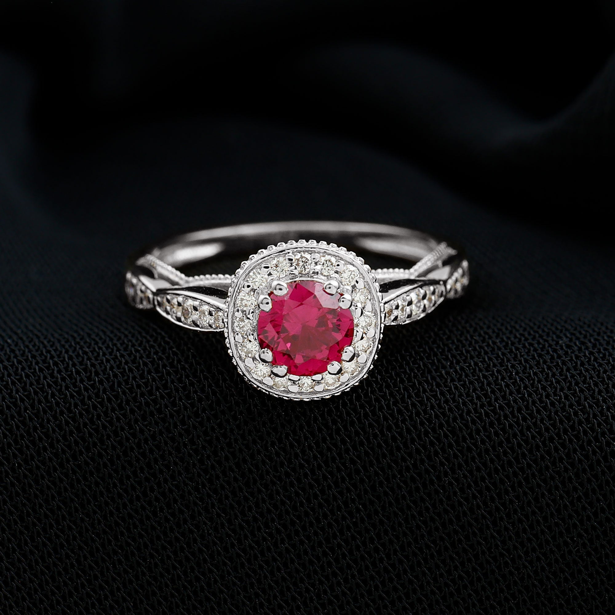 Vintage Inspired Round Created Ruby Engagement Ring with Diamond Halo AAAA - Rosec Jewels