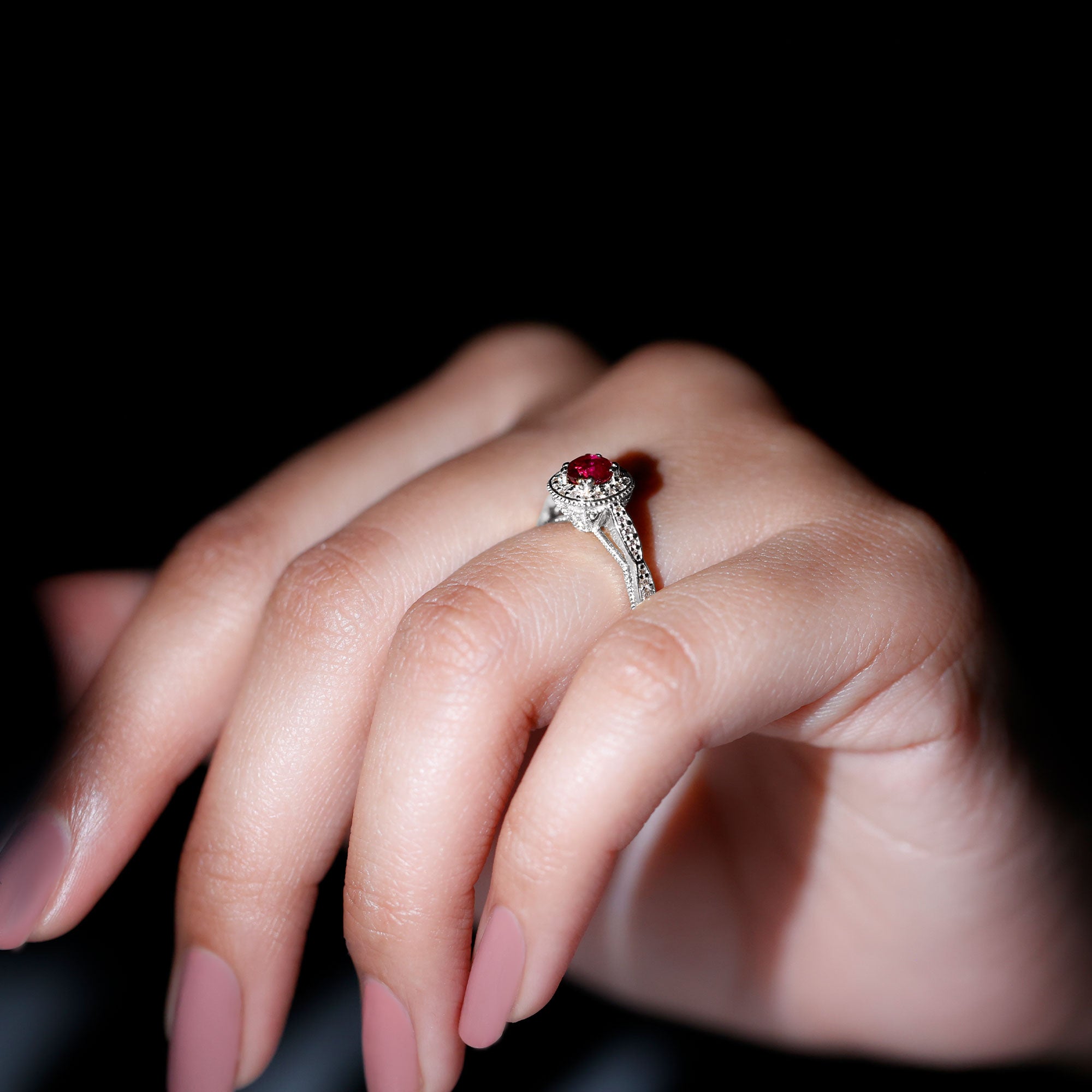 Vintage Inspired Round Created Ruby Engagement Ring with Diamond Halo AAAA - Rosec Jewels