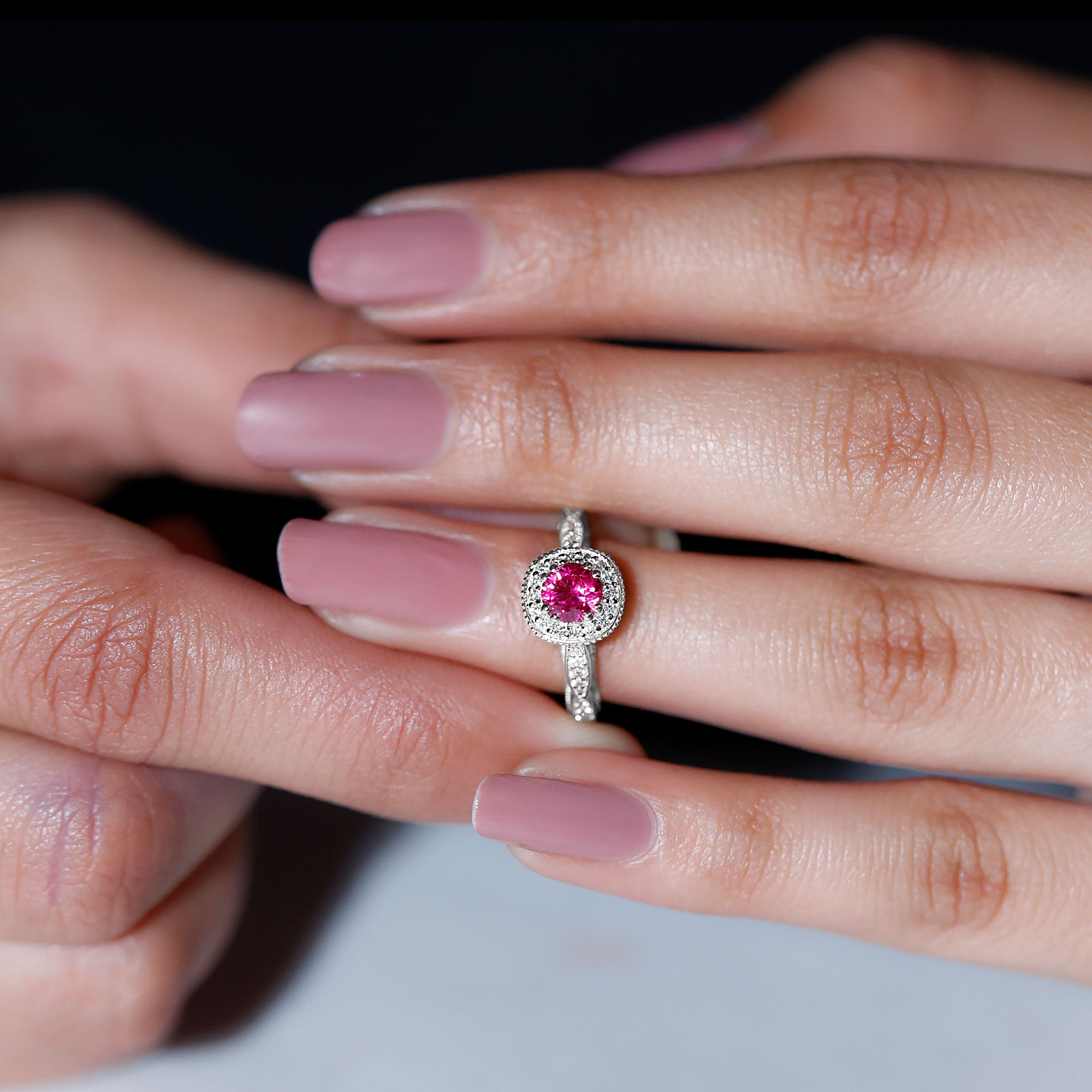 Vintage Inspired Round Created Ruby Engagement Ring with Diamond Halo AAAA - Rosec Jewels