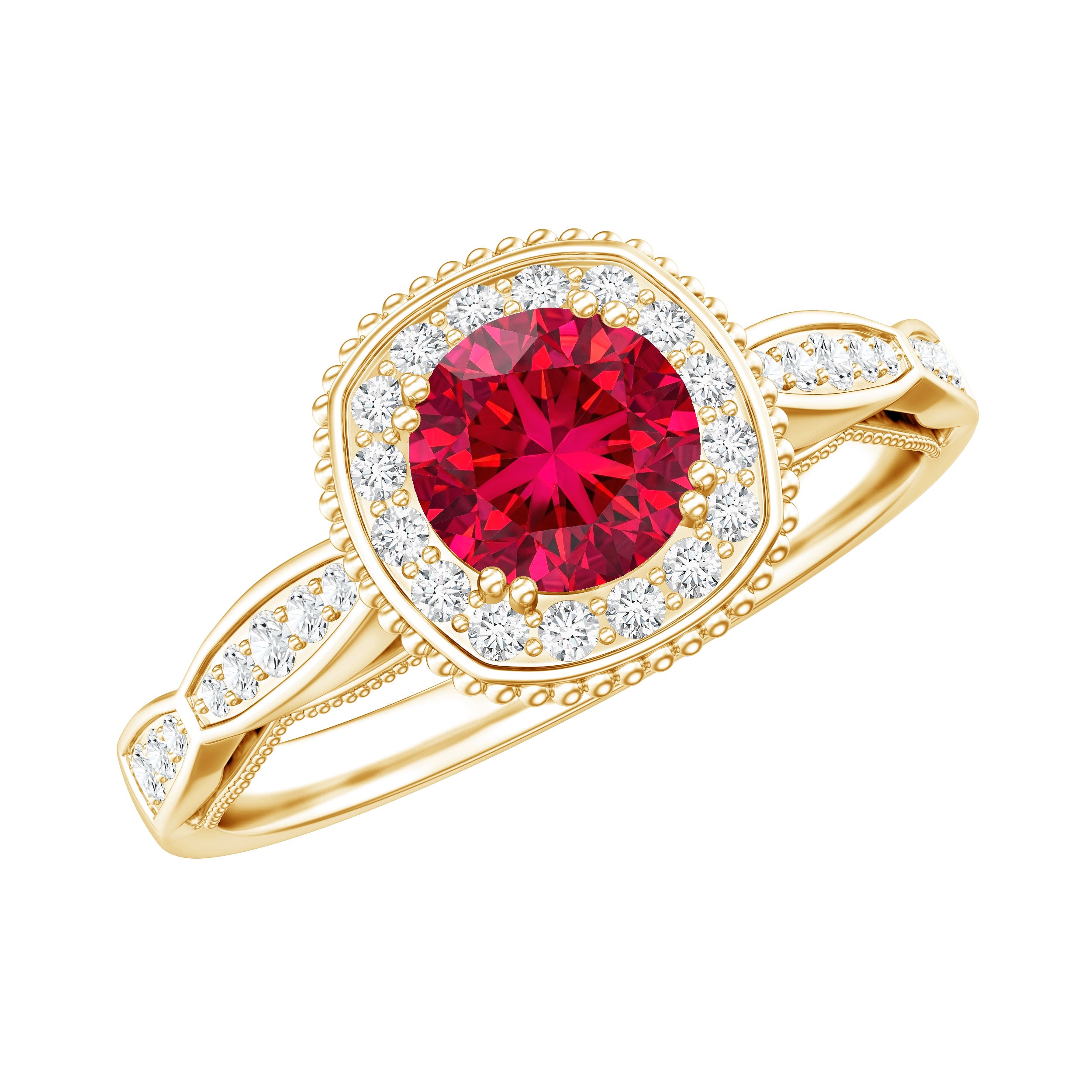 Vintage Inspired Round Created Ruby Engagement Ring with Diamond Halo AAAA - Rosec Jewels