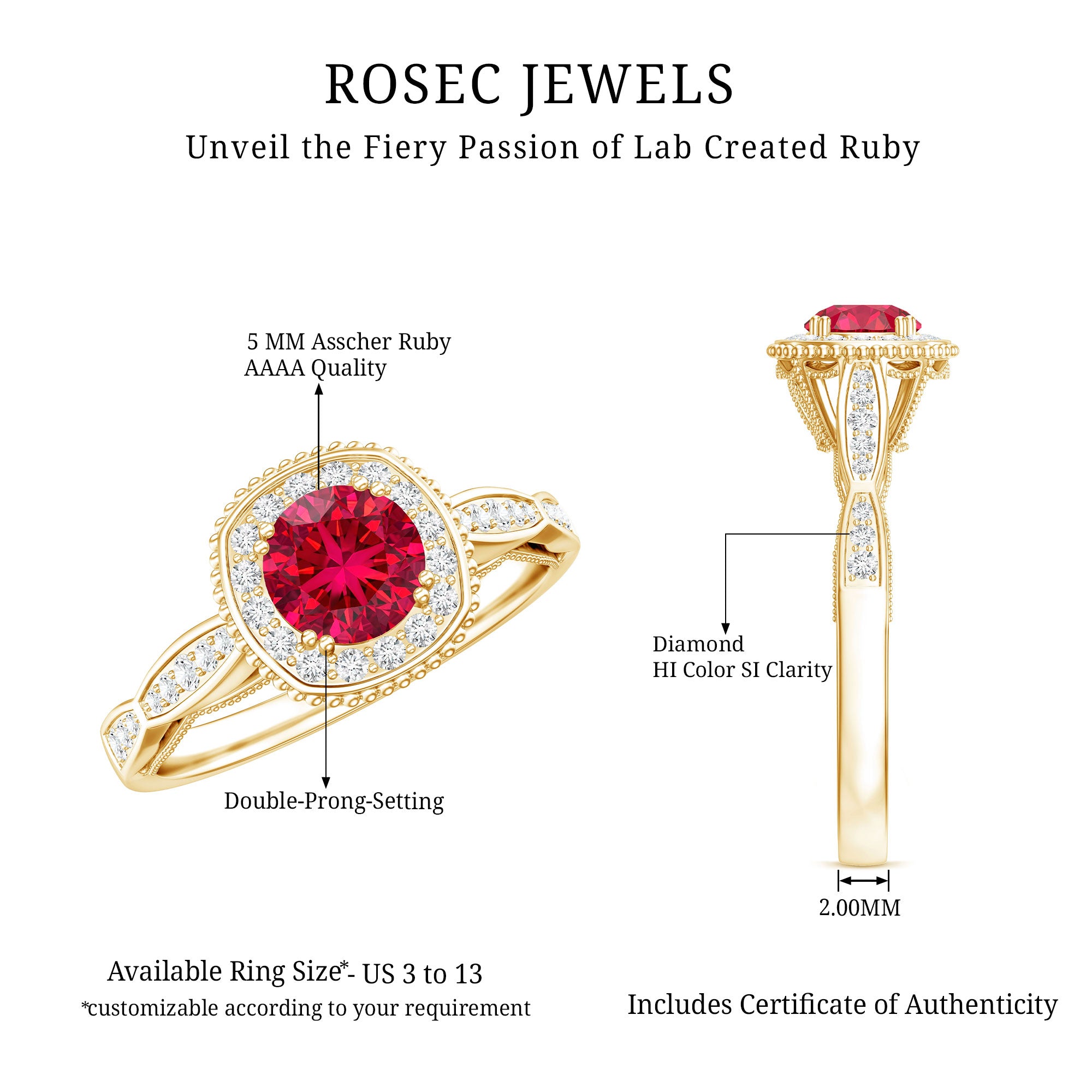 Vintage Inspired Round Created Ruby Engagement Ring with Diamond Halo AAAA - Rosec Jewels