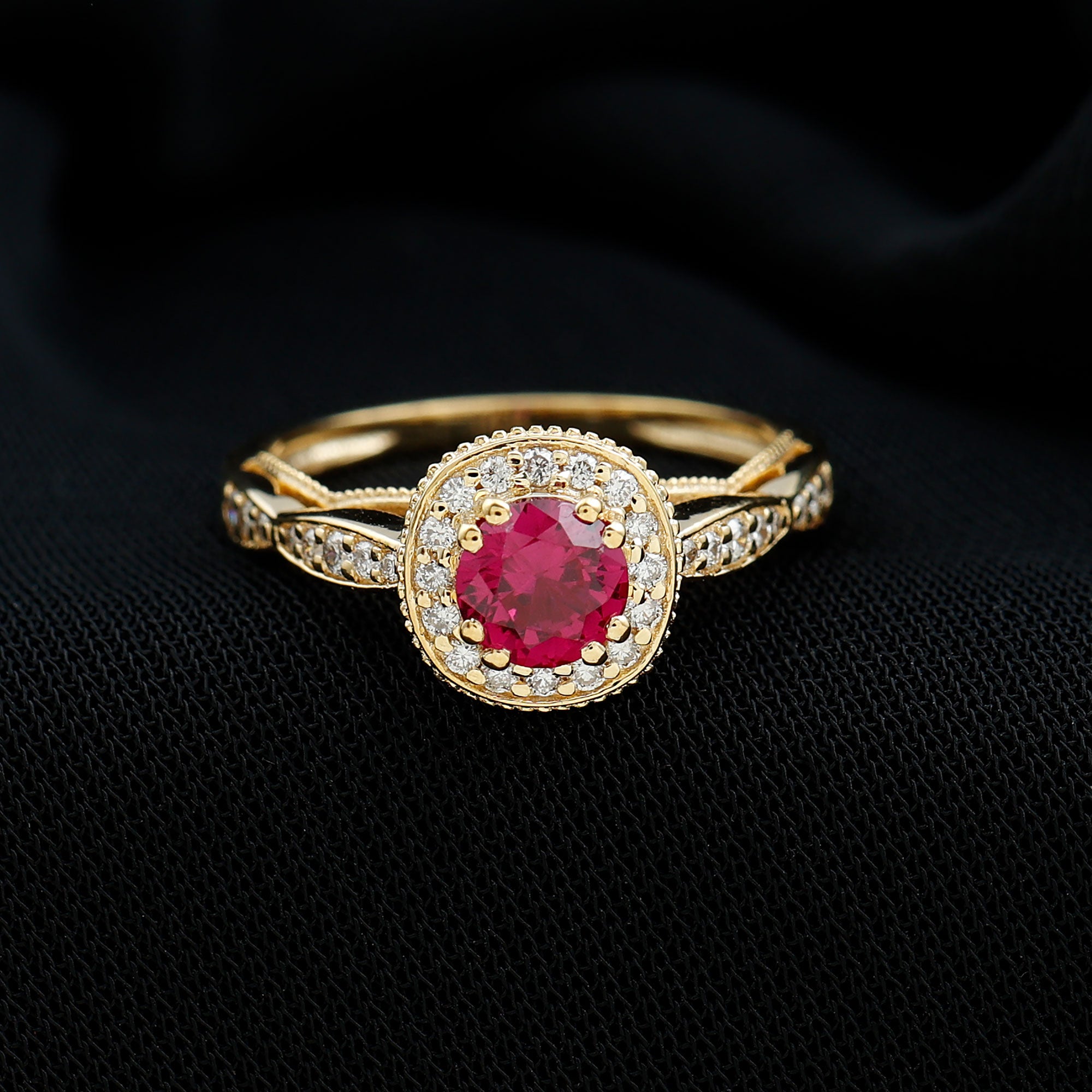Vintage Inspired Round Created Ruby Engagement Ring with Diamond Halo AAAA - Rosec Jewels
