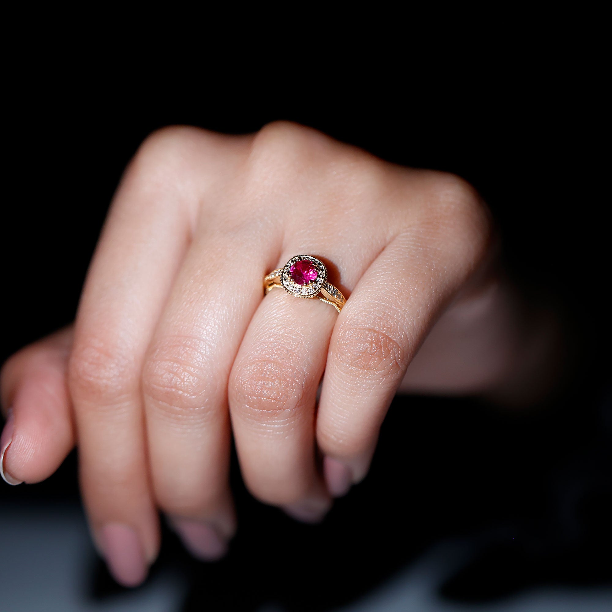 Vintage Inspired Round Created Ruby Engagement Ring with Diamond Halo AAAA - Rosec Jewels