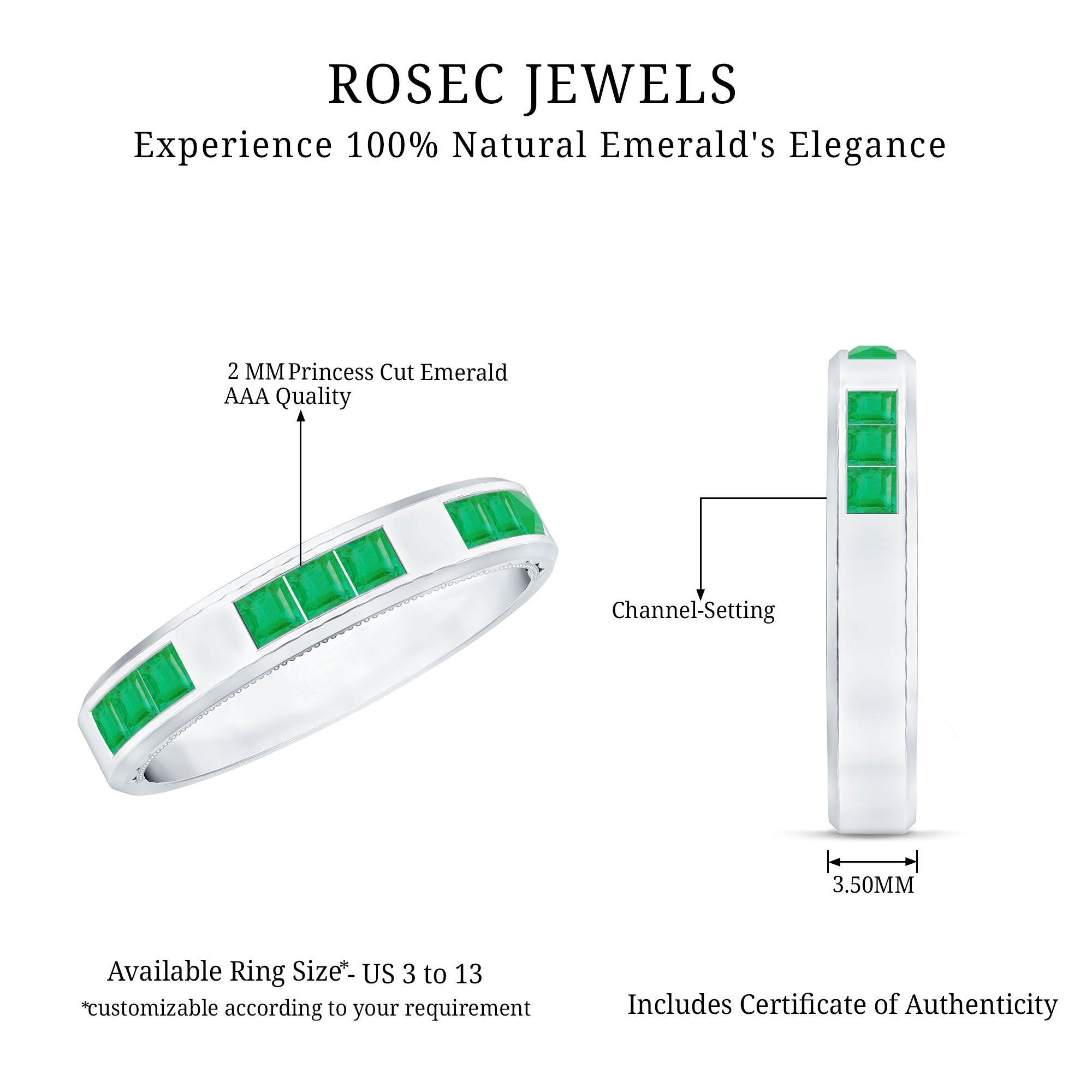 Princess Cut Emerald Mens Wedding Band in Channel Setting AAA - Rosec Jewels