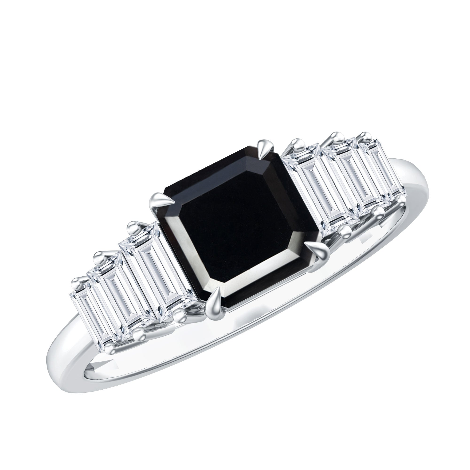 Asscher Cut Black Onyx Engagement Ring with Baguette Moissanite AAA - Rosec Jewels