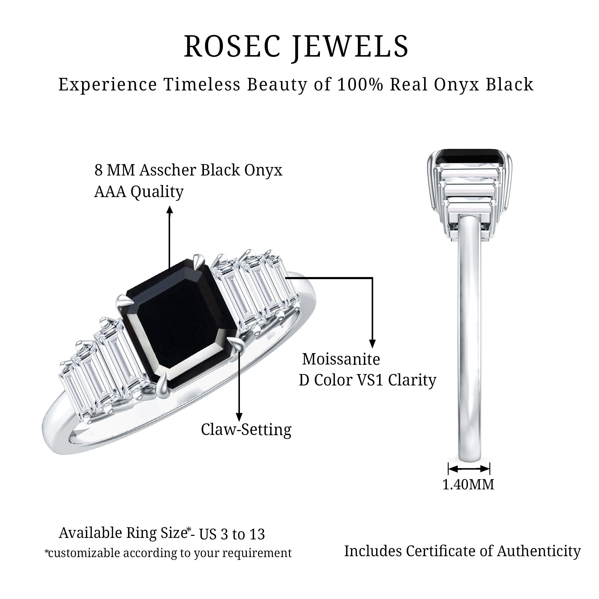 Asscher Cut Black Onyx Engagement Ring with Baguette Moissanite AAA - Rosec Jewels