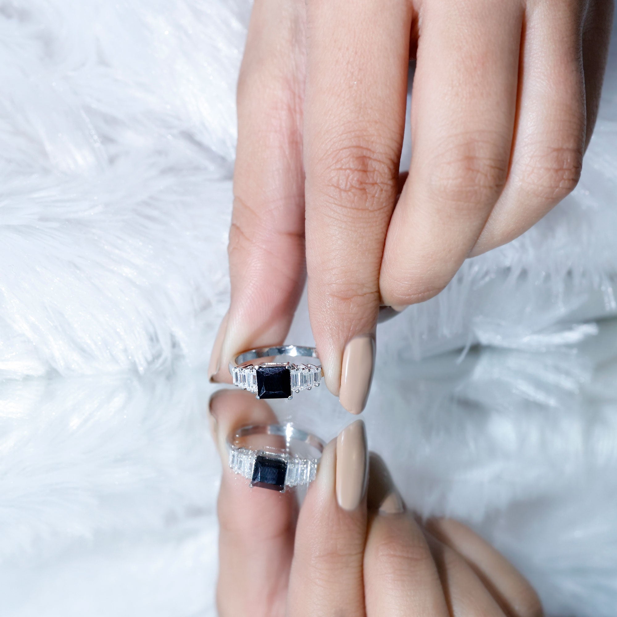 Asscher Cut Black Onyx Engagement Ring with Baguette Moissanite AAA - Rosec Jewels