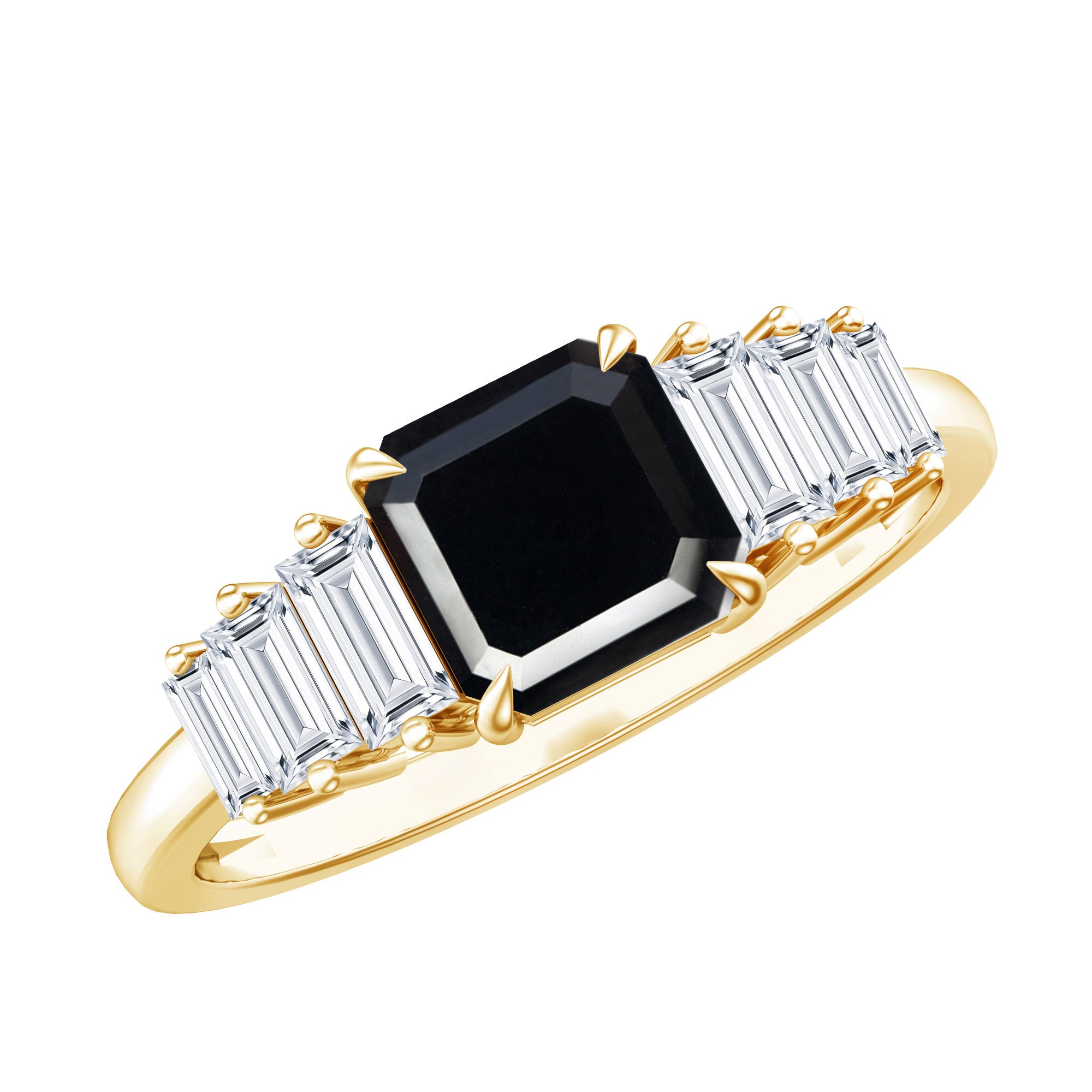 Asscher Cut Black Onyx Engagement Ring with Baguette Moissanite AAA - Rosec Jewels
