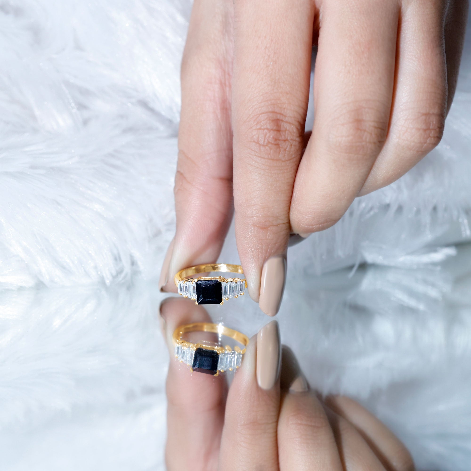 Asscher Cut Black Onyx Engagement Ring with Baguette Moissanite AAA - Rosec Jewels