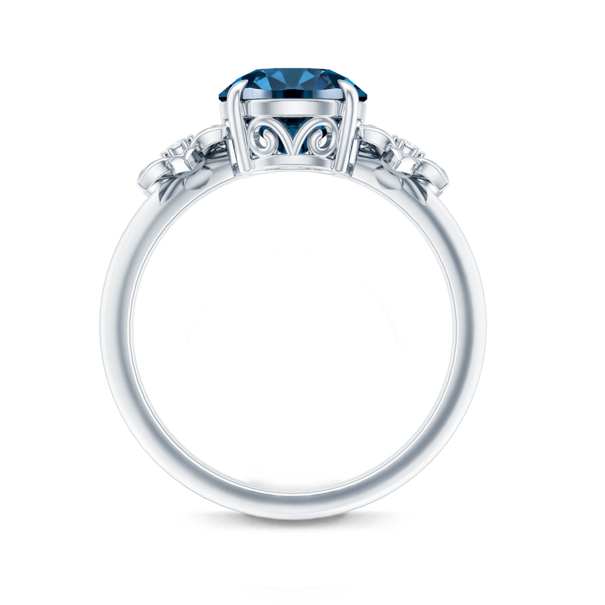 2 Carat Round London Blue Topaz Solitaire Floral Engagement Ring AAA - Rosec Jewels