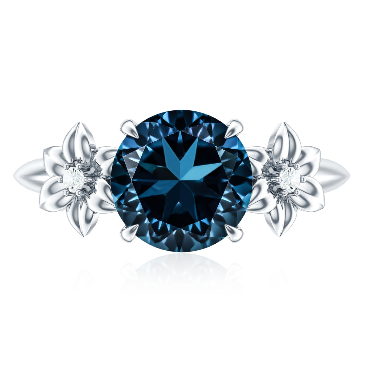 2 Carat Round London Blue Topaz Solitaire Floral Engagement Ring AAA - Rosec Jewels