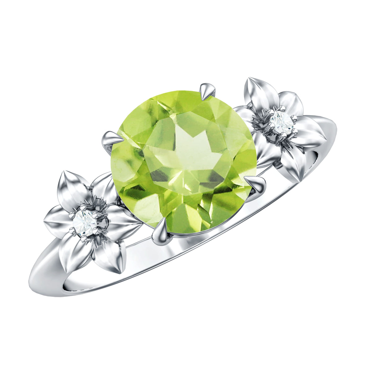 Natural 2 Carat Peridot Flower Engagement Ring with Diamond AAA - Rosec Jewels