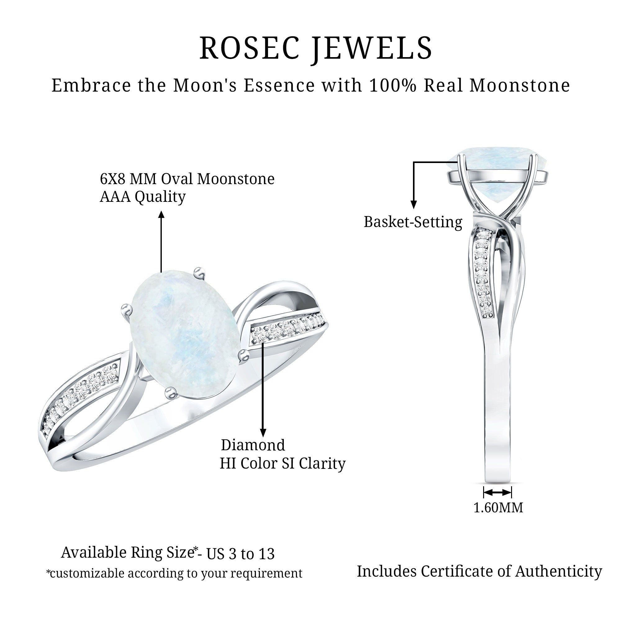 Oval Moonstone Infinity Engagement Ring with Diamond AAA - Rosec Jewels