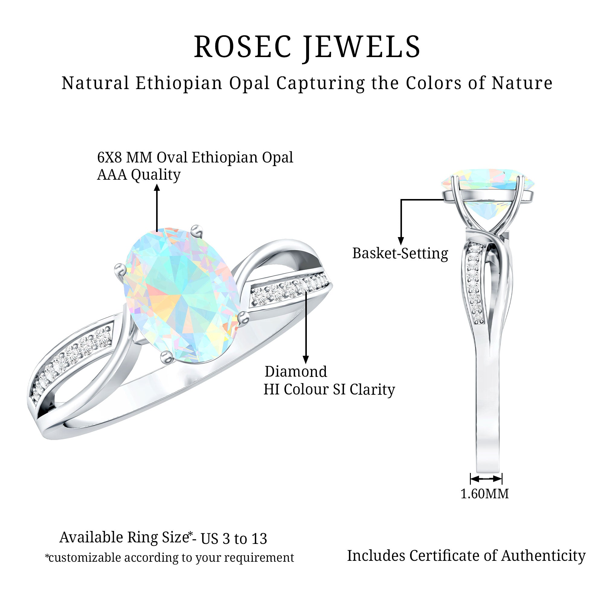 Natural 1.2 Carat Oval Opalescent Diamond Engagement Ring with Split Shank AAA - Rosec Jewels