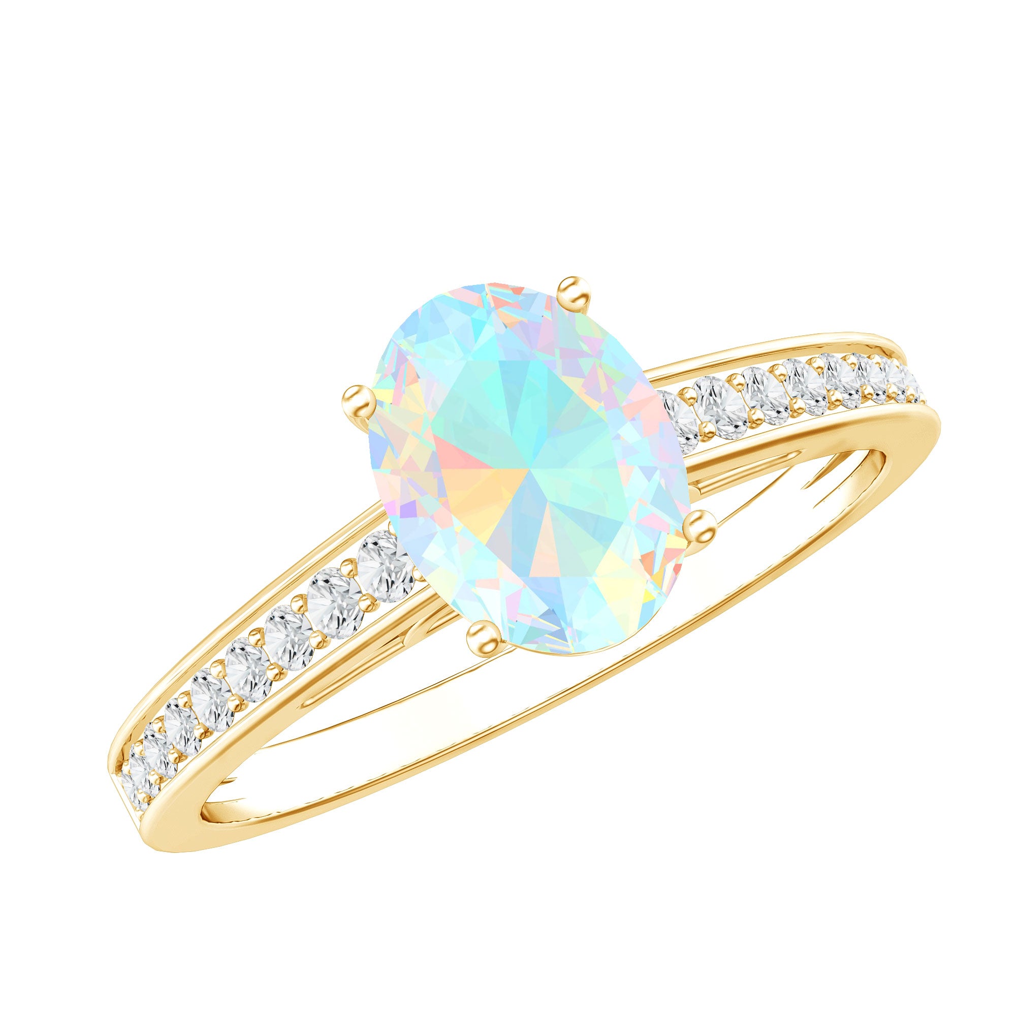 Natural 6X8mm Ethiopian Opal Oval Engagement Ring with Diamond Side Stones AAA - Rosec Jewels