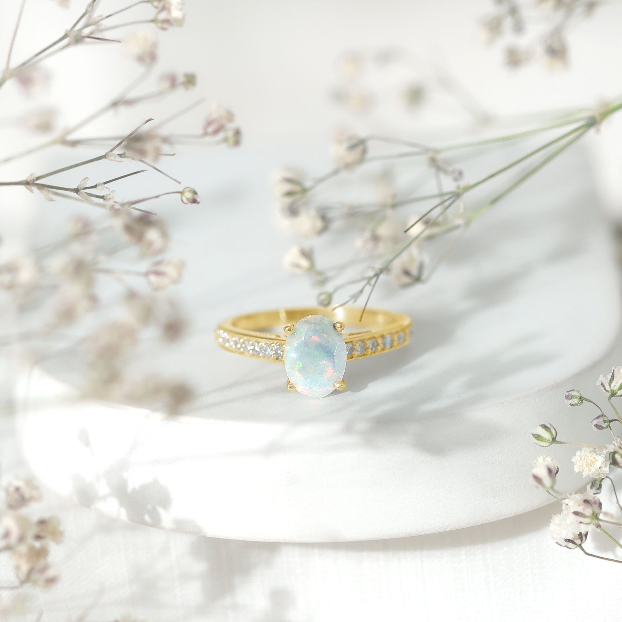 Natural 6X8mm Ethiopian Opal Oval Engagement Ring with Diamond Side Stones AAA - Rosec Jewels