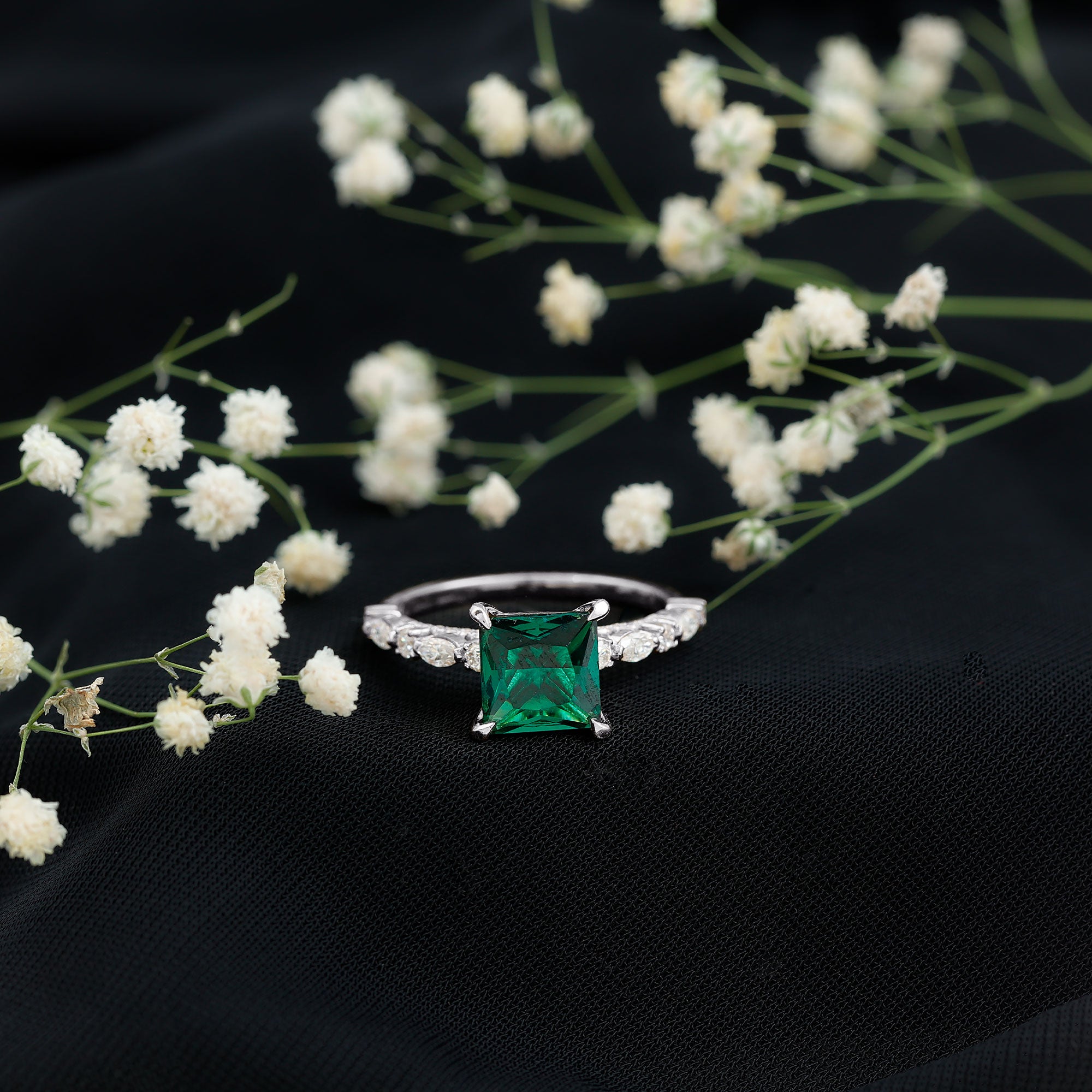 2.4 Carat Solitaire Lab Emerald Princess Cut Engagement Ring with Moissanite AAAA - Rosec Jewels