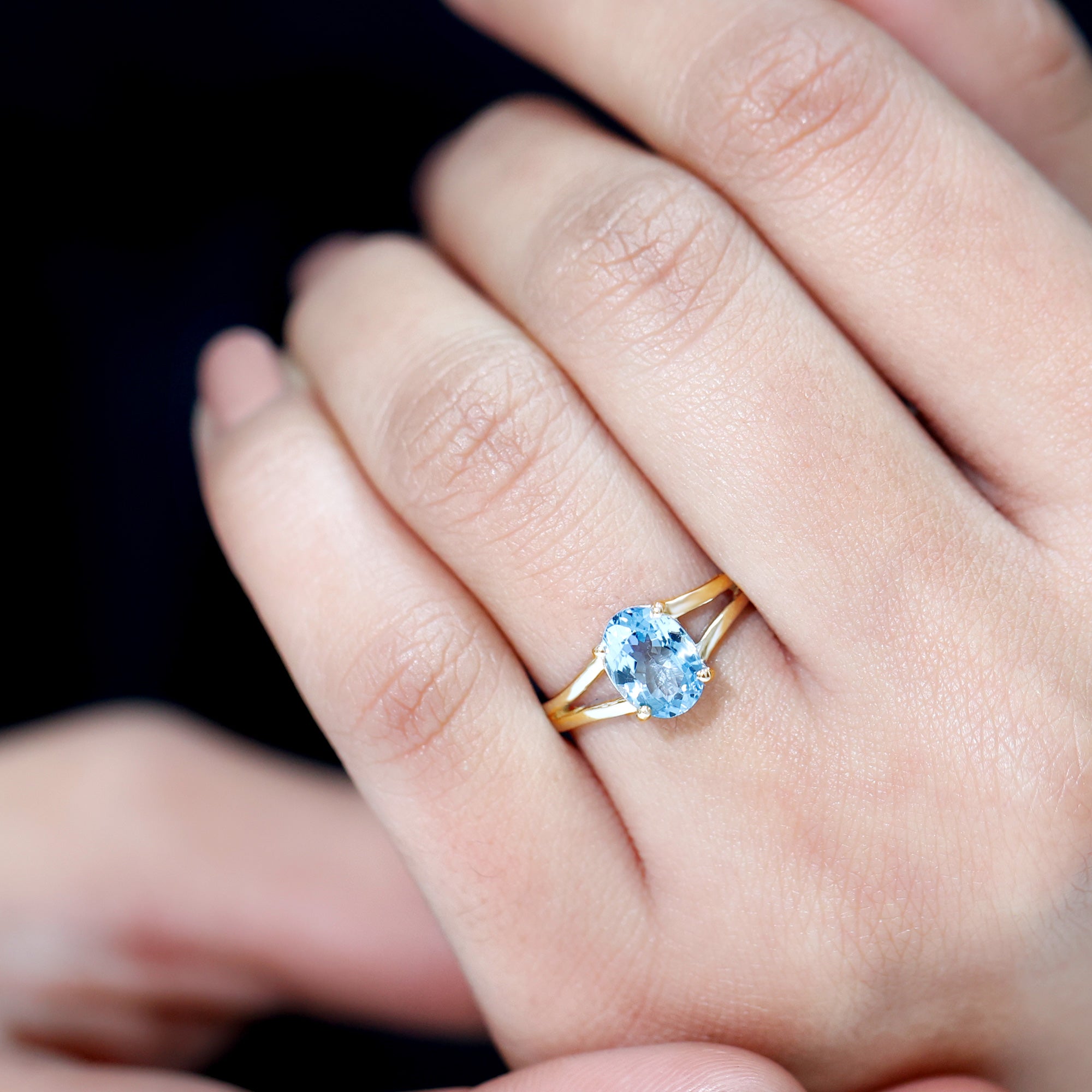 Rosec Jewels-Genuine Oval Aquamarine Solitaire Engagement Ring in Split Shank