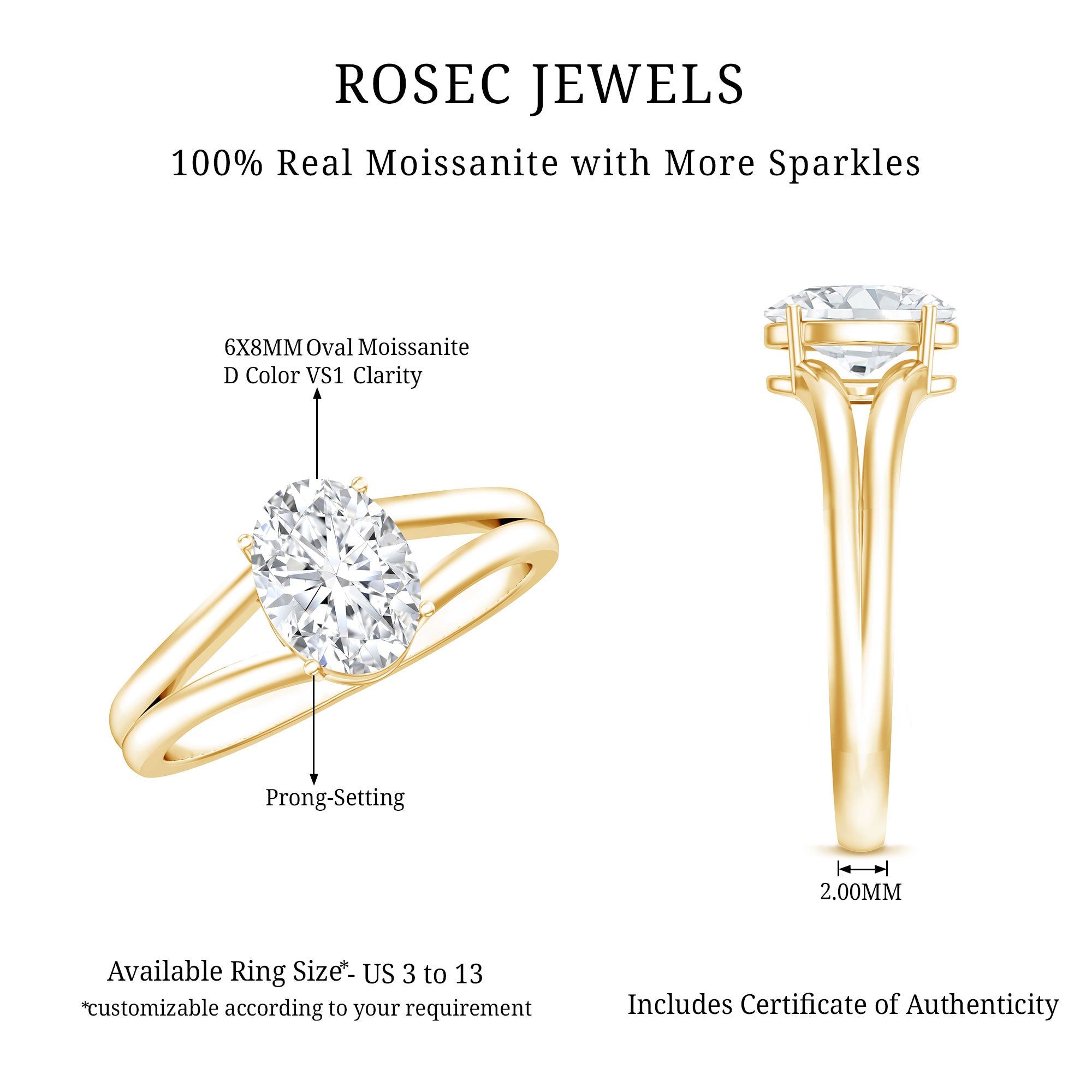 1.25 CT Oval Moissanite Engagement Ring With Certificate D-VS1 - Rosec Jewels