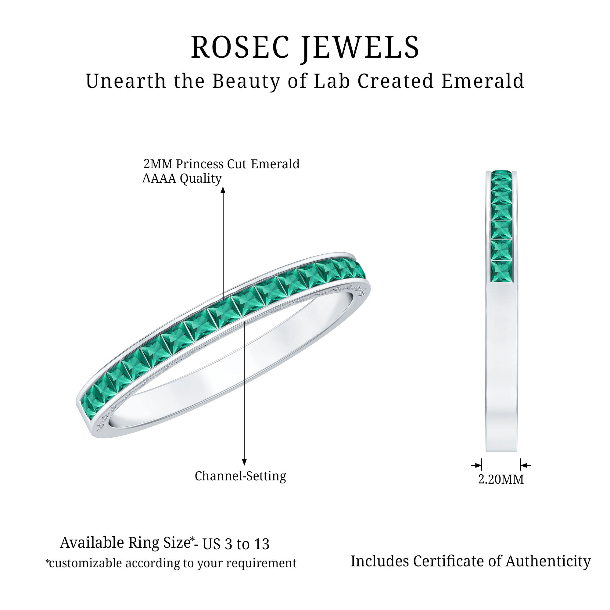 Certified Princess Cut Lab Grown Emerald Eternity Ring AAAA - Rosec Jewels
