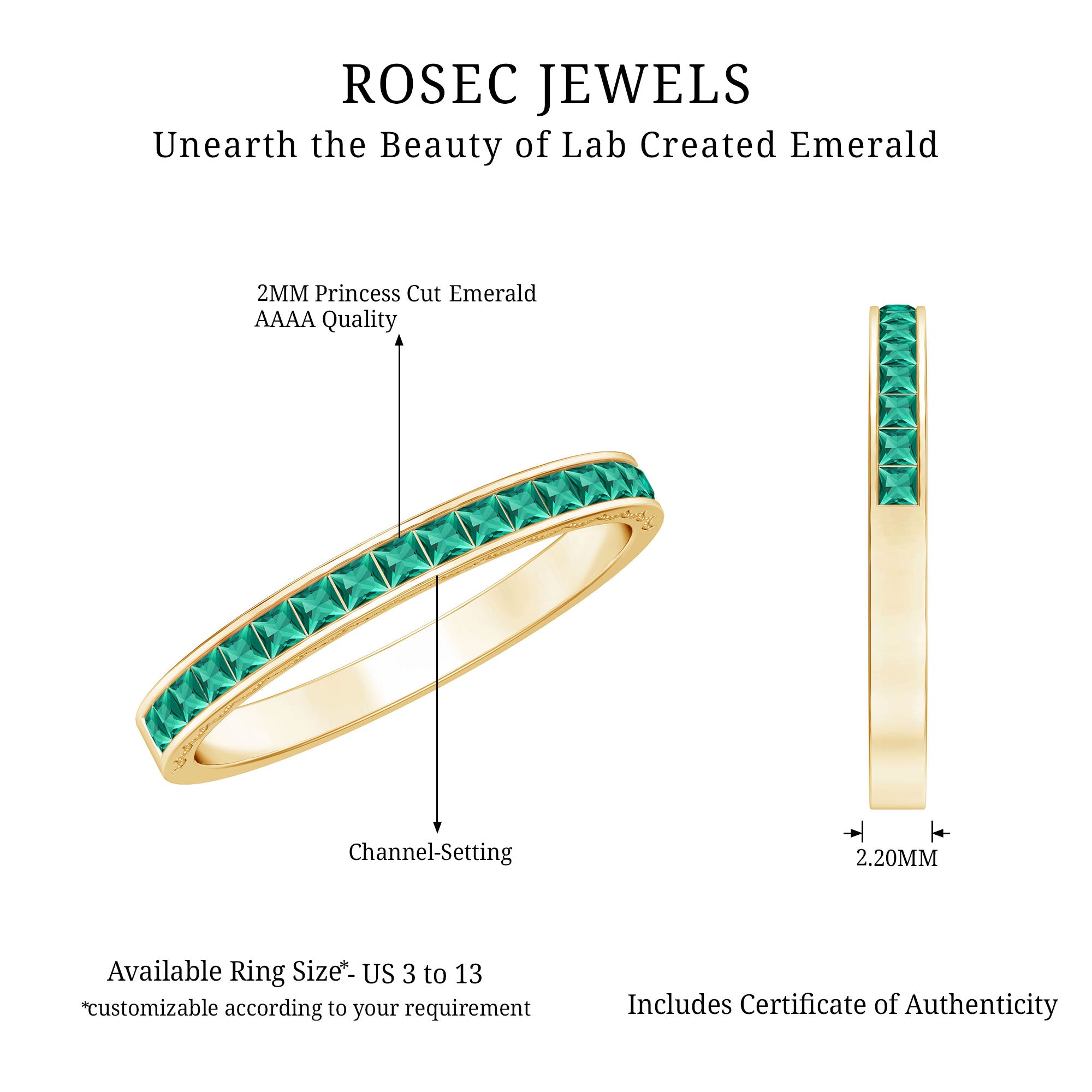 Certified Princess Cut Lab Grown Emerald Eternity Ring AAAA - Rosec Jewels