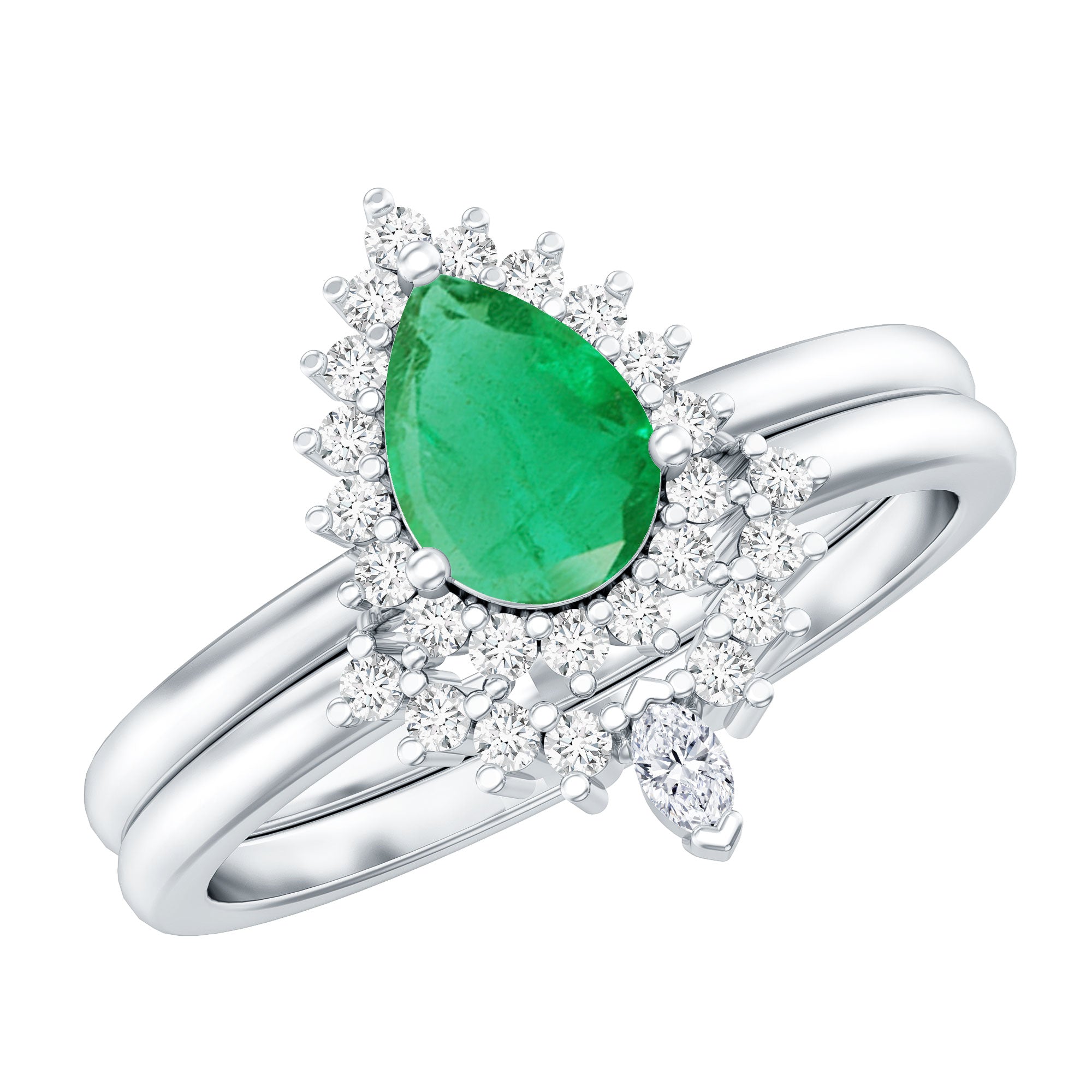 Natural Emerald Diamond Pear Shape Engagement Ring and Wedding Band Set AAA - Rosec Jewels