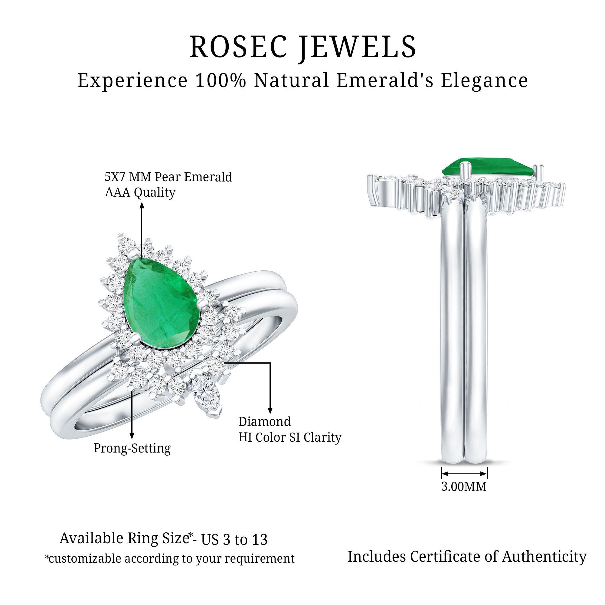 Natural Emerald Diamond Pear Shape Engagement Ring and Wedding Band Set AAA - Rosec Jewels