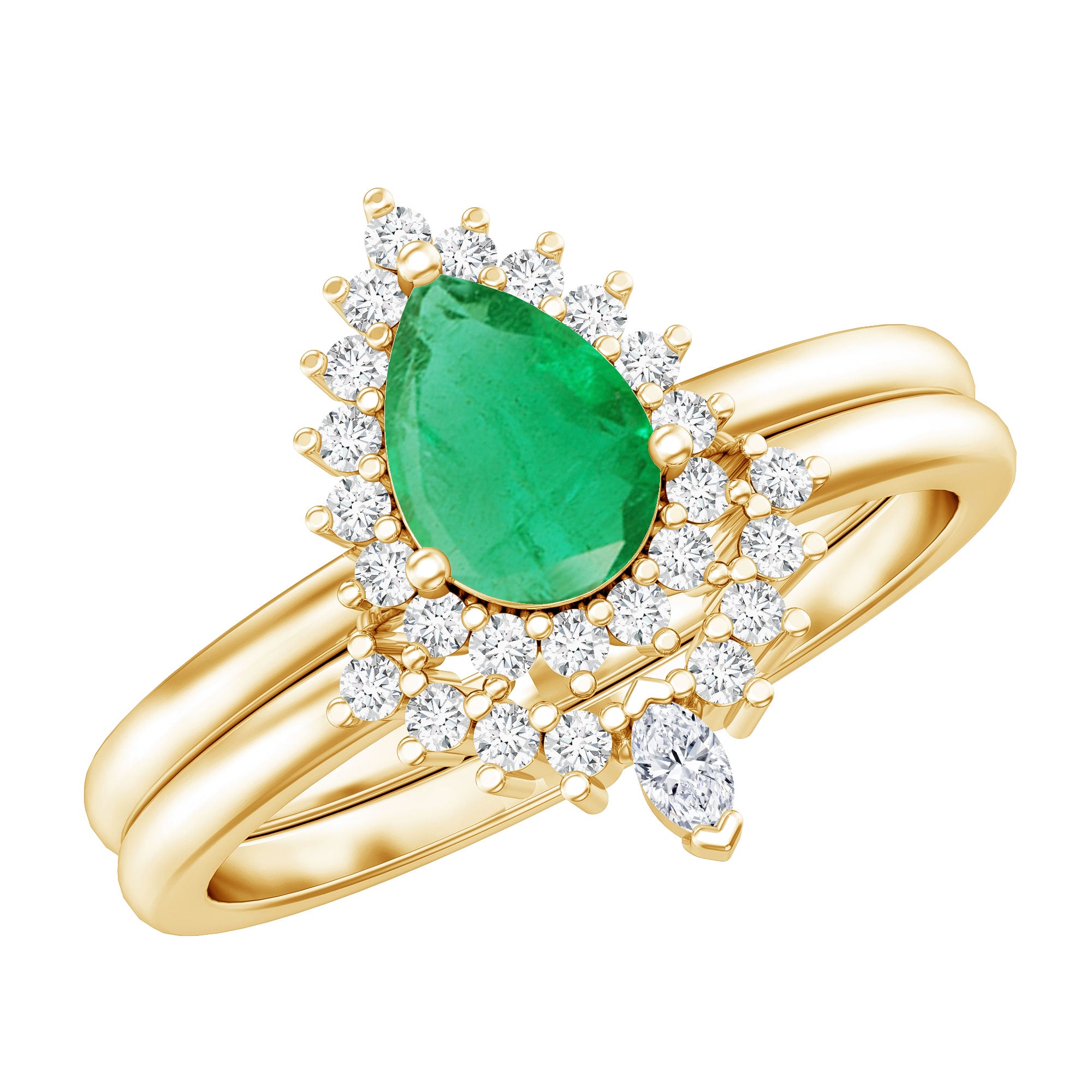 Natural Emerald Diamond Pear Shape Engagement Ring and Wedding Band Set AAA - Rosec Jewels