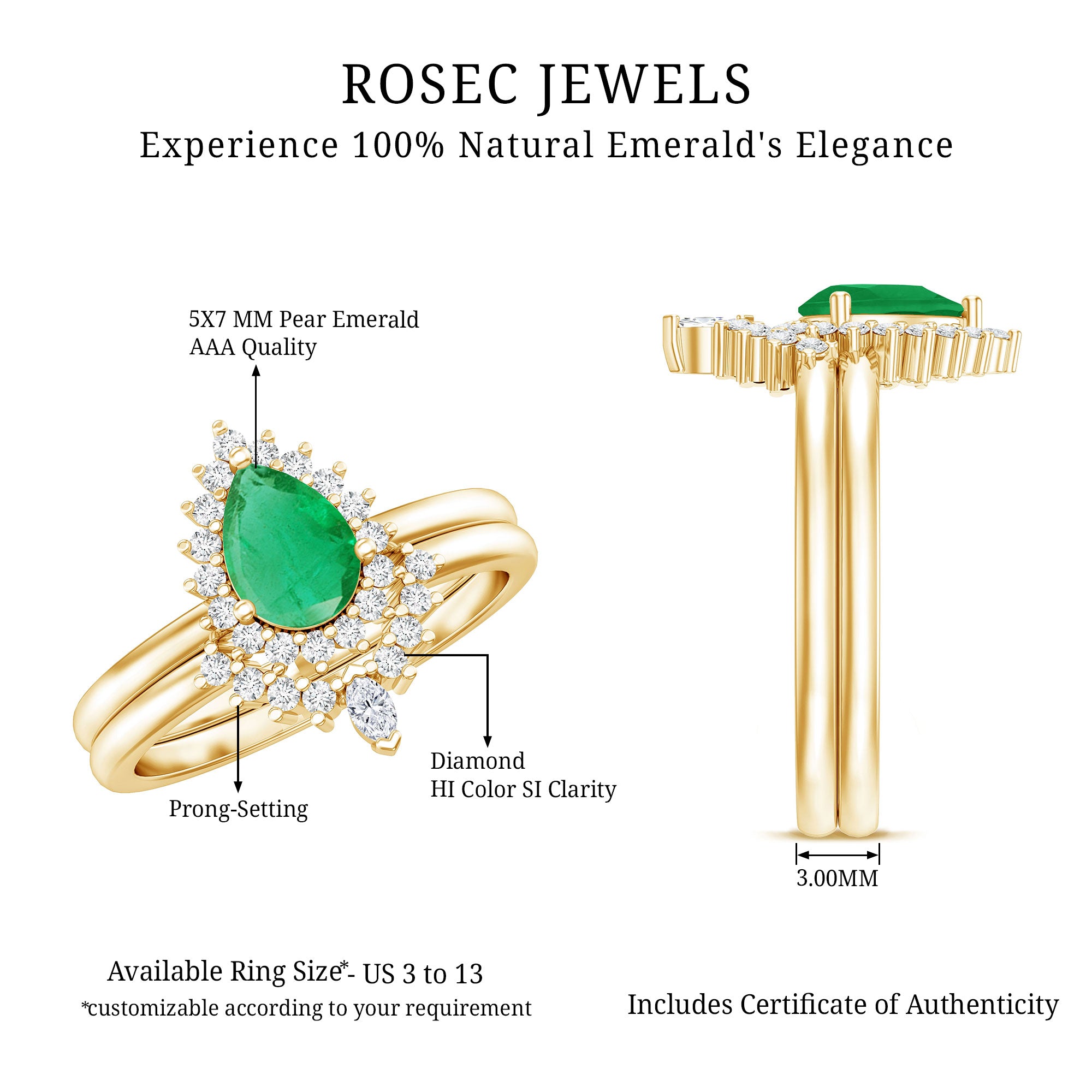 Natural Emerald Diamond Pear Shape Engagement Ring and Wedding Band Set AAA - Rosec Jewels