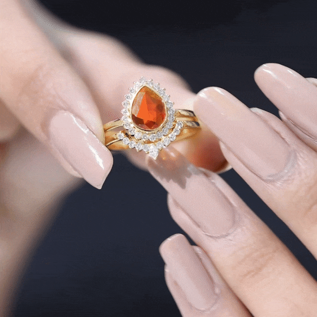 Real 0.6 Carat Fire Opal Teardrop Wedding Ring Set with Diamond Halo AAA - Rosec Jewels