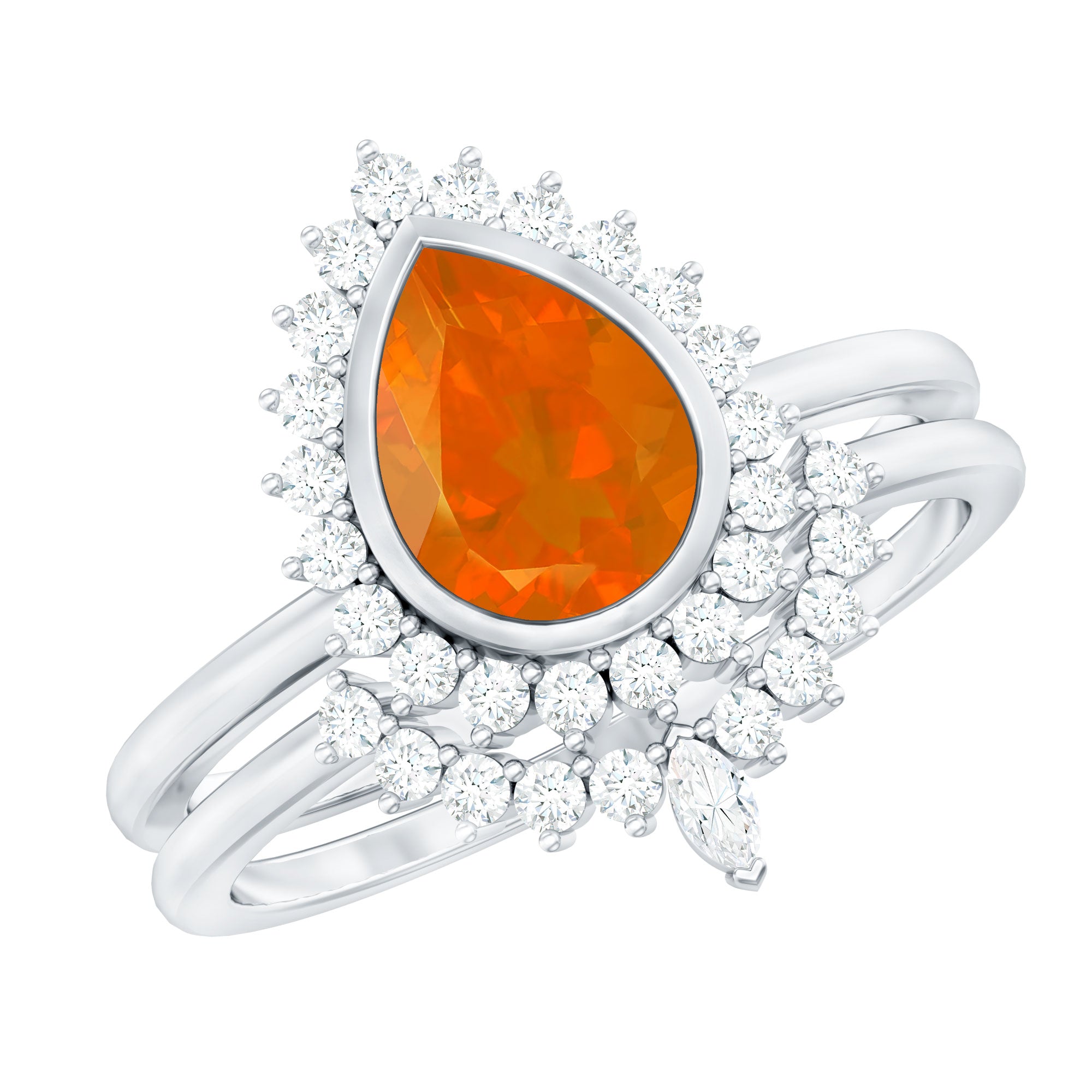 Real 0.6 Carat Fire Opal Teardrop Wedding Ring Set with Diamond Halo AAA - Rosec Jewels