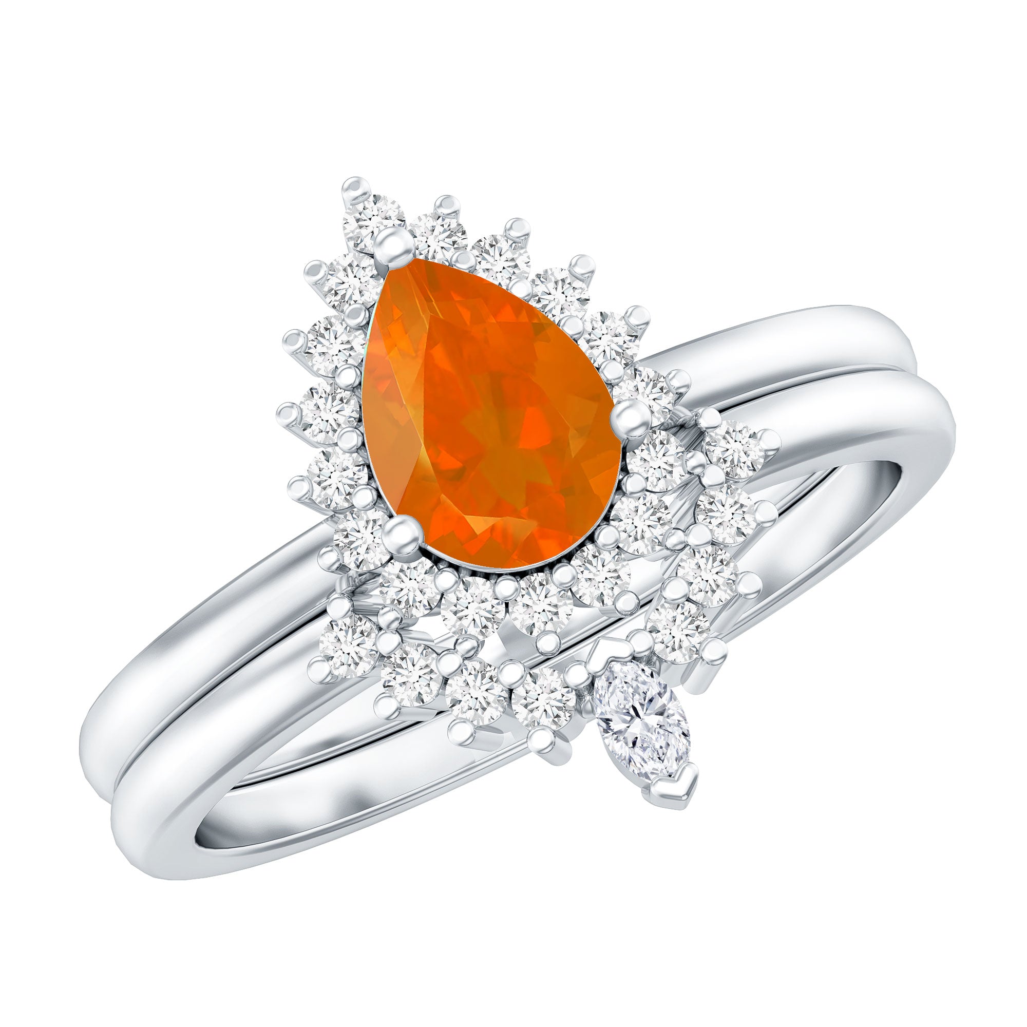 Real 0.6 Carat Fire Opal Teardrop Wedding Ring Set with Diamond Halo AAA - Rosec Jewels