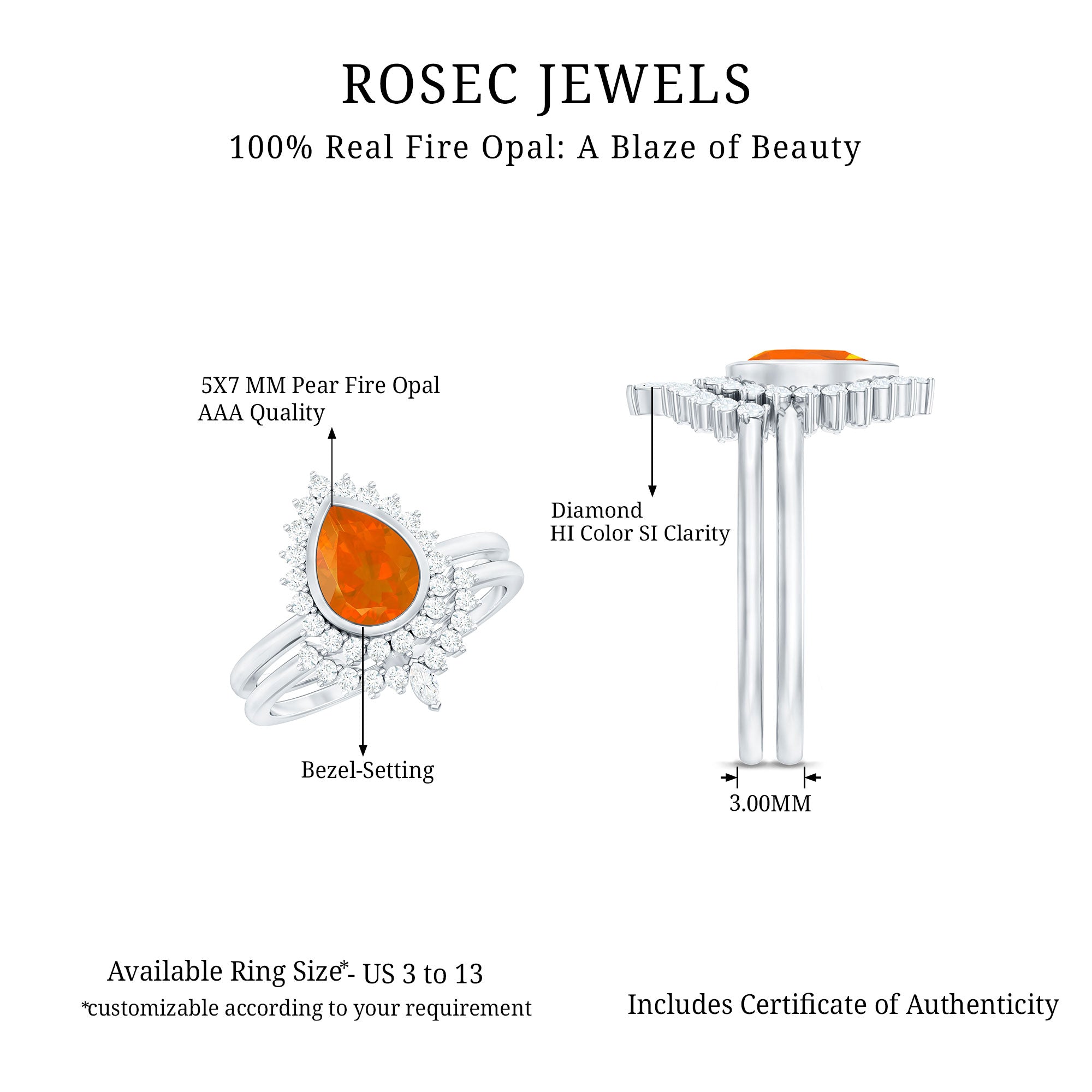 Real 0.6 Carat Fire Opal Teardrop Wedding Ring Set with Diamond Halo AAA - Rosec Jewels