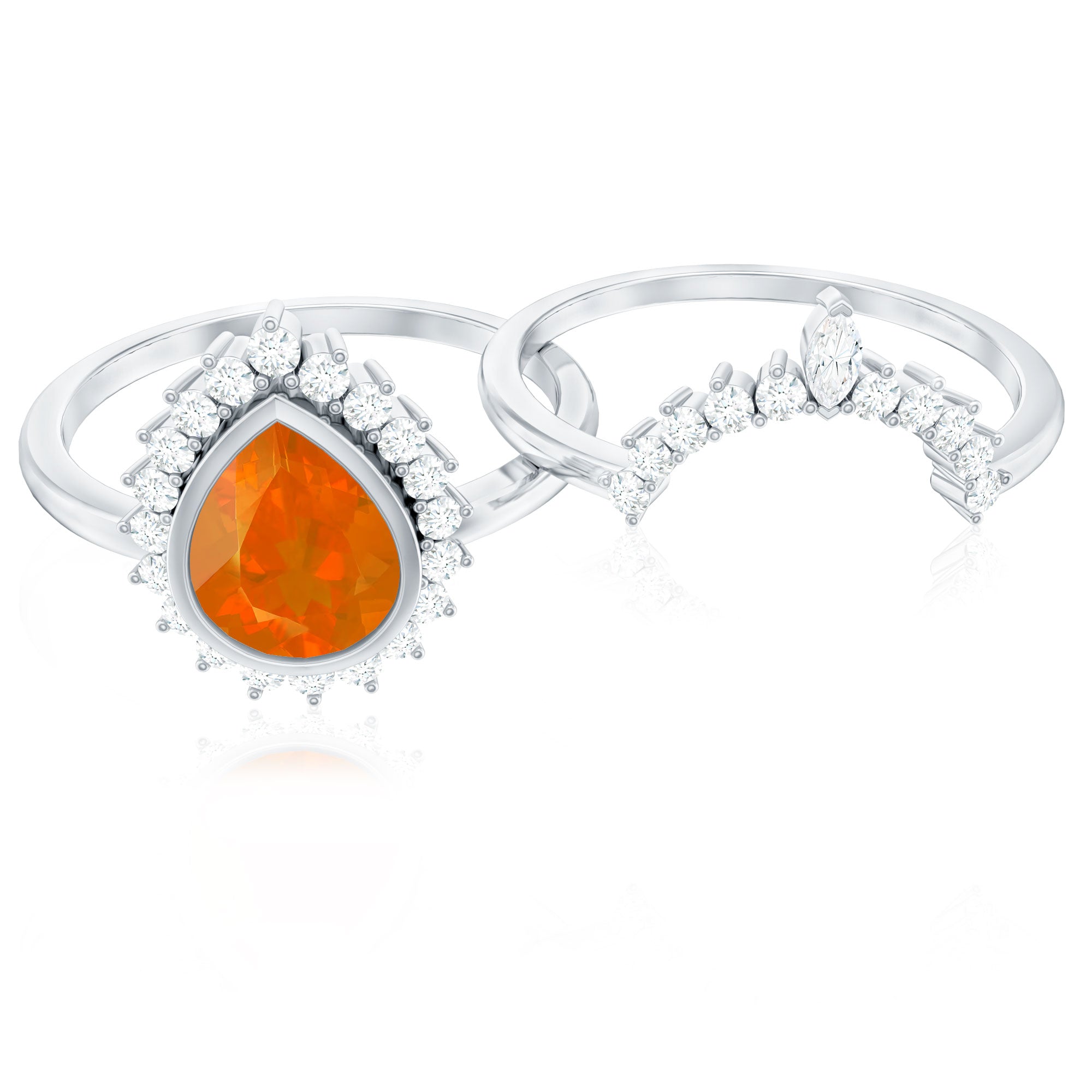 Real 0.6 Carat Fire Opal Teardrop Wedding Ring Set with Diamond Halo AAA - Rosec Jewels