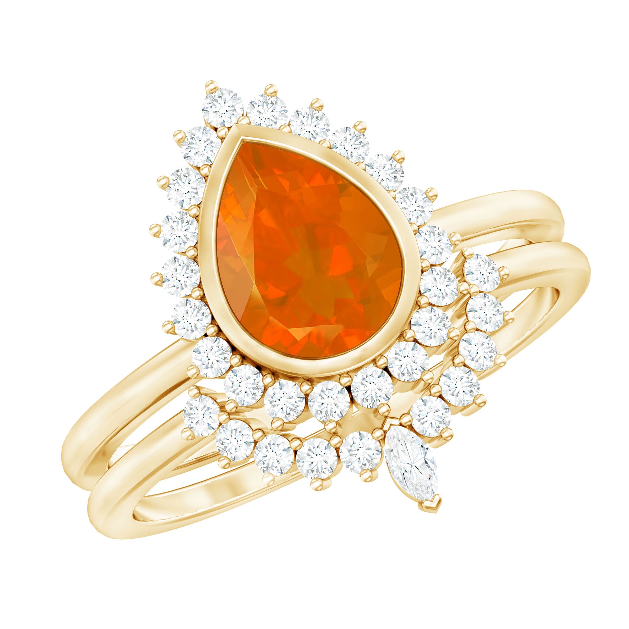 Real 0.6 Carat Fire Opal Teardrop Wedding Ring Set with Diamond Halo AAA - Rosec Jewels