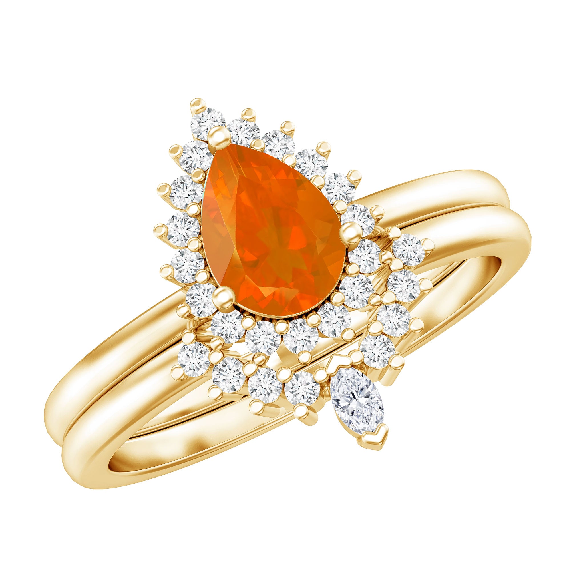 Real 0.6 Carat Fire Opal Teardrop Wedding Ring Set with Diamond Halo AAA - Rosec Jewels