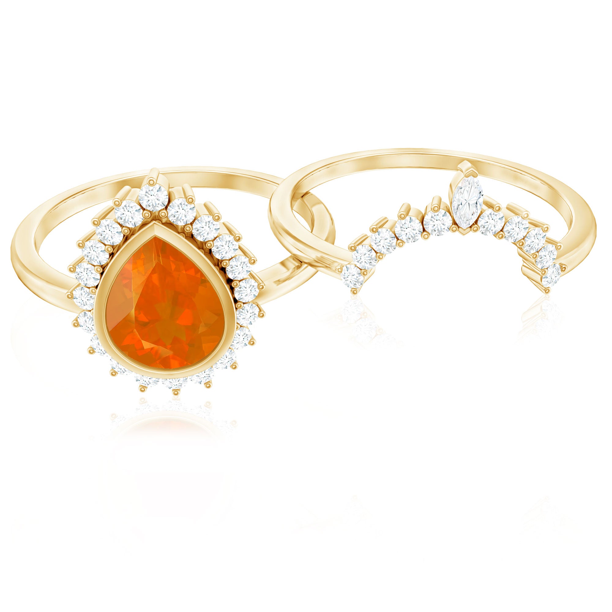 Real 0.6 Carat Fire Opal Teardrop Wedding Ring Set with Diamond Halo AAA - Rosec Jewels