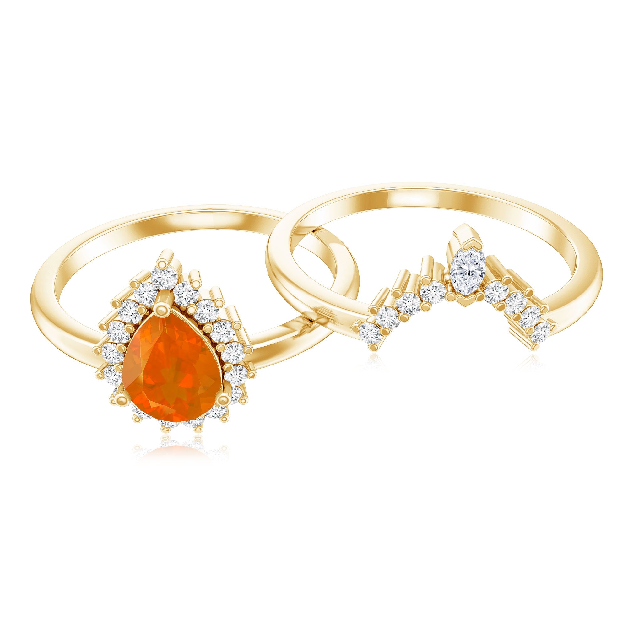 Real 0.6 Carat Fire Opal Teardrop Wedding Ring Set with Diamond Halo AAA - Rosec Jewels